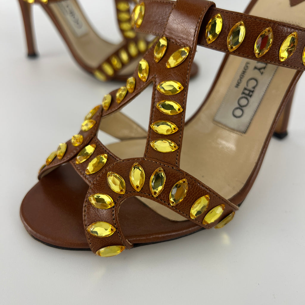 Jimmy Choo | Brown Leather Yellow Gem Crystal Strappy Slide Mules (34.5)