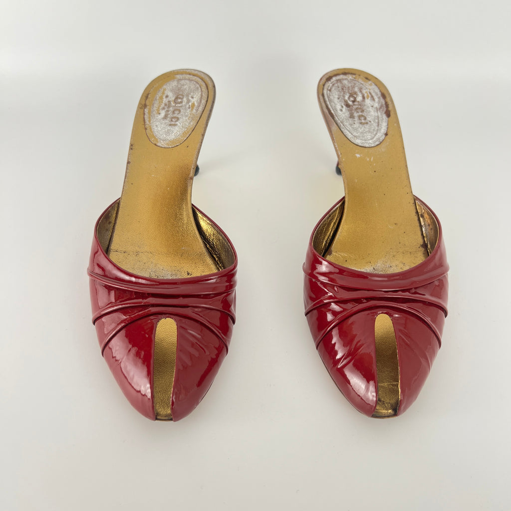 Gucci | Vintage Red Patent Leather Split Toe Gold Kitten Heel Slide Mules (37.5)