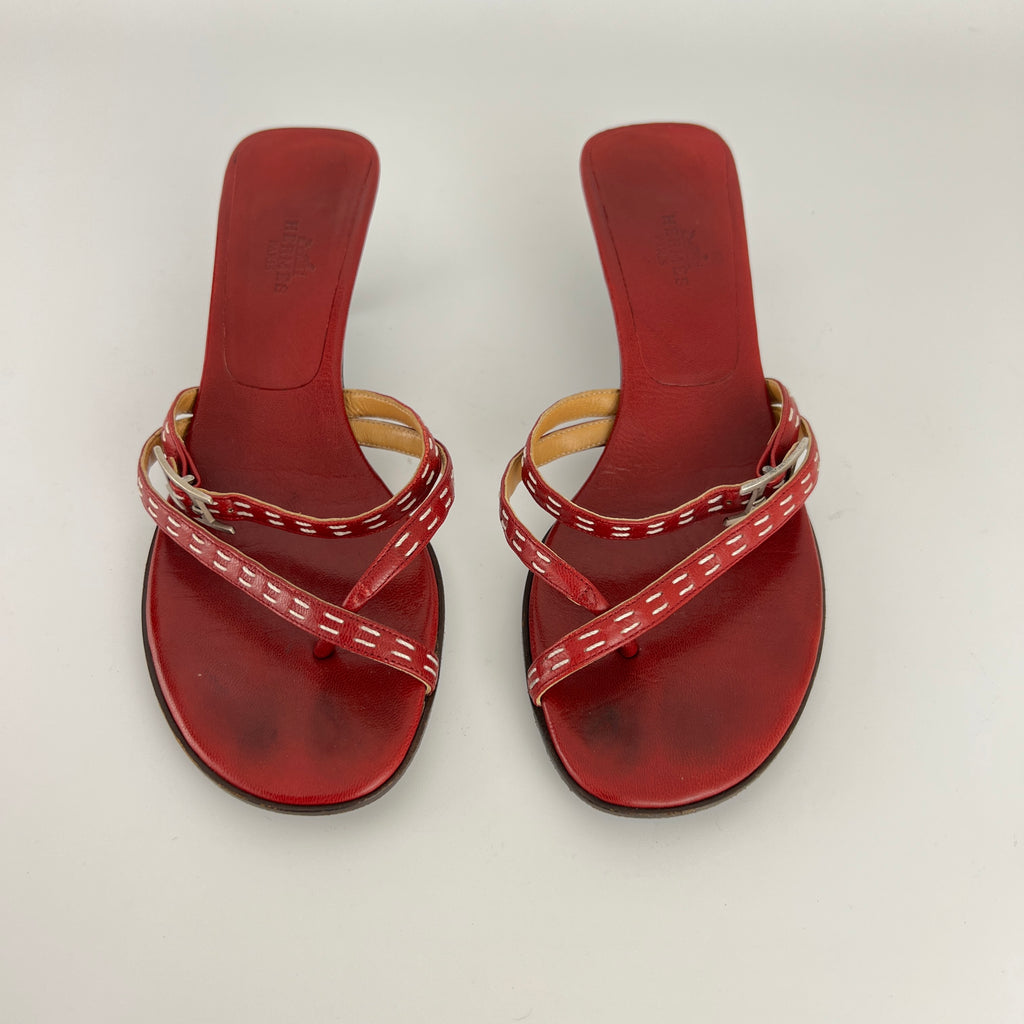 Hermes | Vintage Red Leather Thong H Buckle Top Stitch Sandal Kitten Mules (37)