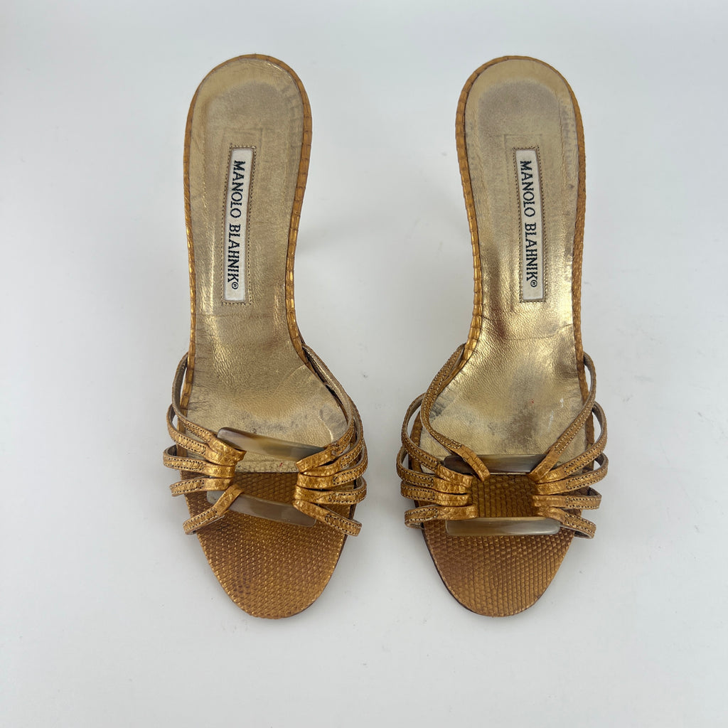 Manolo Blahnik | Vintage Gold Lizard Leather Square Buckle Strappy Slide Mules (35.5)