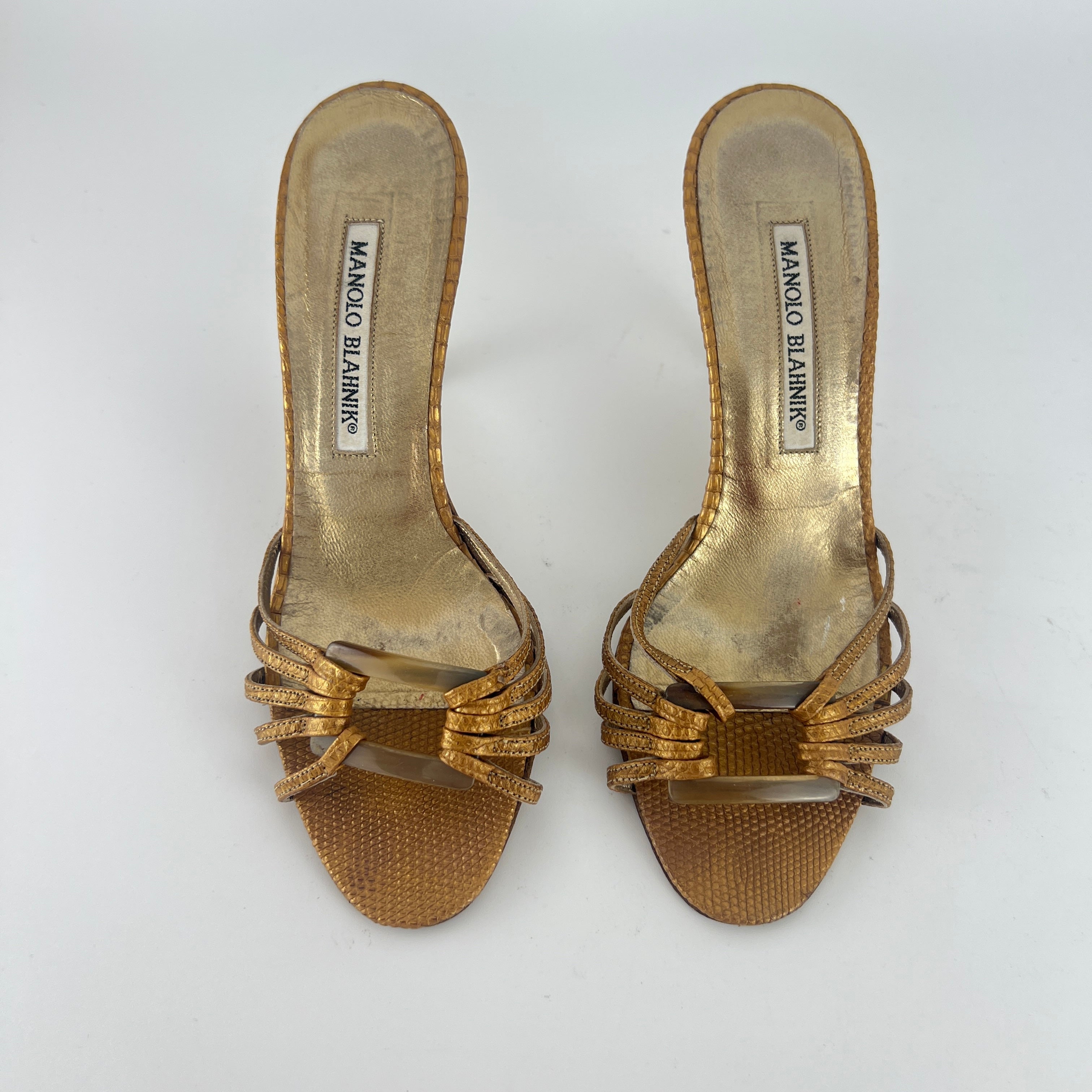 Manolo Blahnik | Vintage Gold Lizard Leather Square Buckle Strappy Slide Mules (35.5)