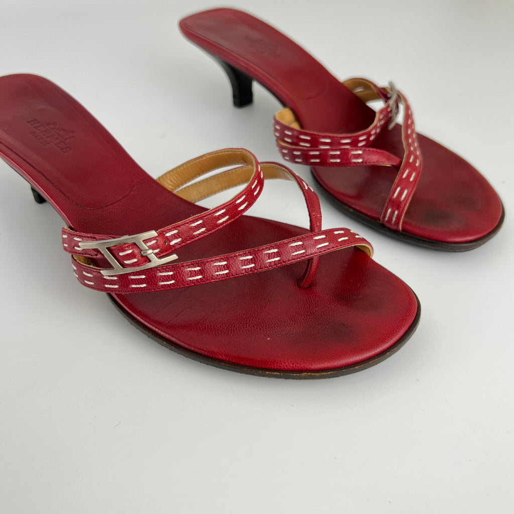 Hermes | Vintage Red Leather Thong H Buckle Top Stitch Sandal Kitten Mules (37)