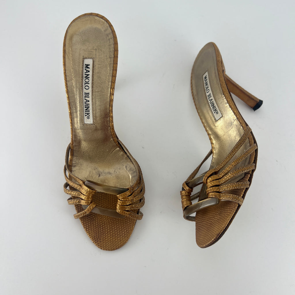 Manolo Blahnik | Vintage Gold Lizard Leather Square Buckle Strappy Slide Mules (35.5)