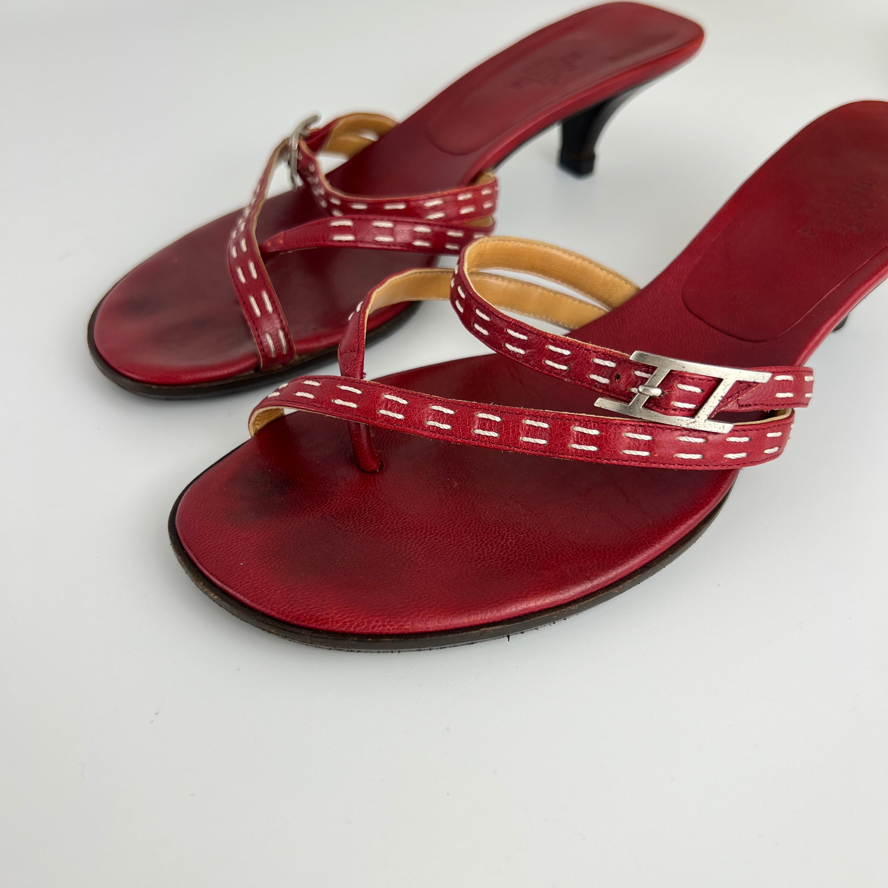 Hermes | Vintage Red Leather Thong H Buckle Top Stitch Sandal Kitten Mules (37)