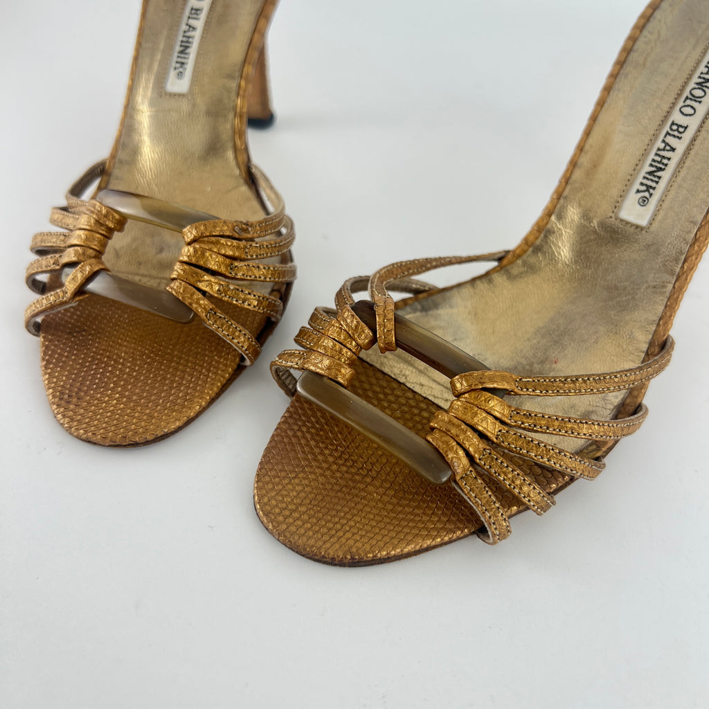 Manolo Blahnik | Vintage Gold Lizard Leather Square Buckle Strappy Slide Mules (35.5)