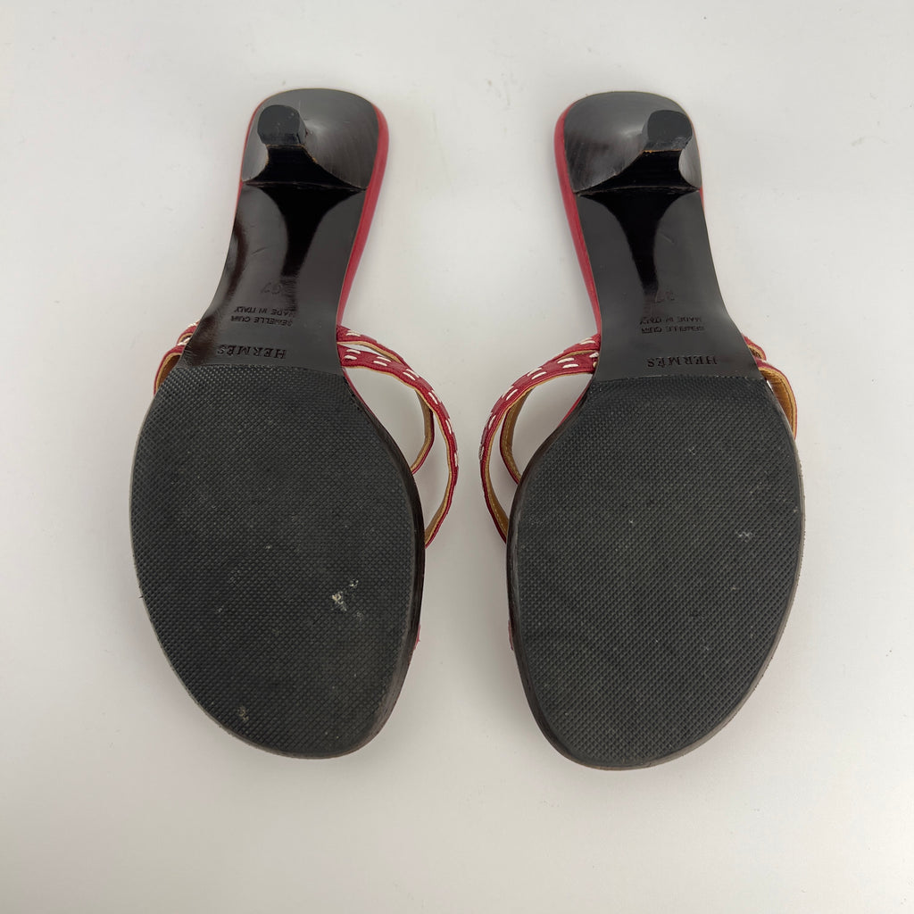 Hermes | Vintage Red Leather Thong H Buckle Top Stitch Sandal Kitten Mules (37)