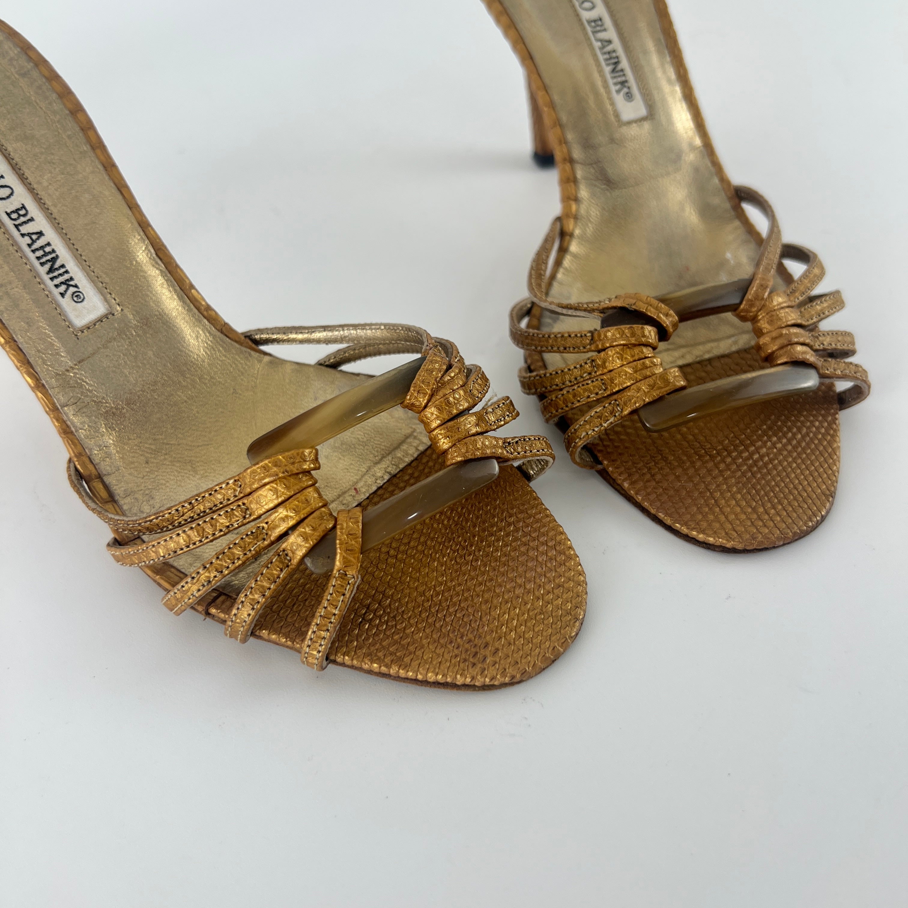 Manolo Blahnik | Vintage Gold Lizard Leather Square Buckle Strappy Slide Mules (35.5)