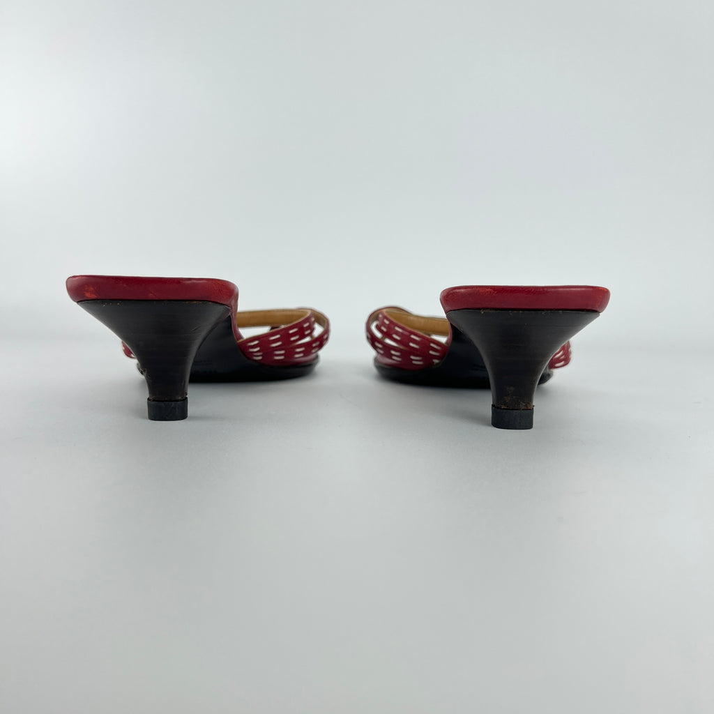 Hermes | Vintage Red Leather Thong H Buckle Top Stitch Sandal Kitten Mules (37)