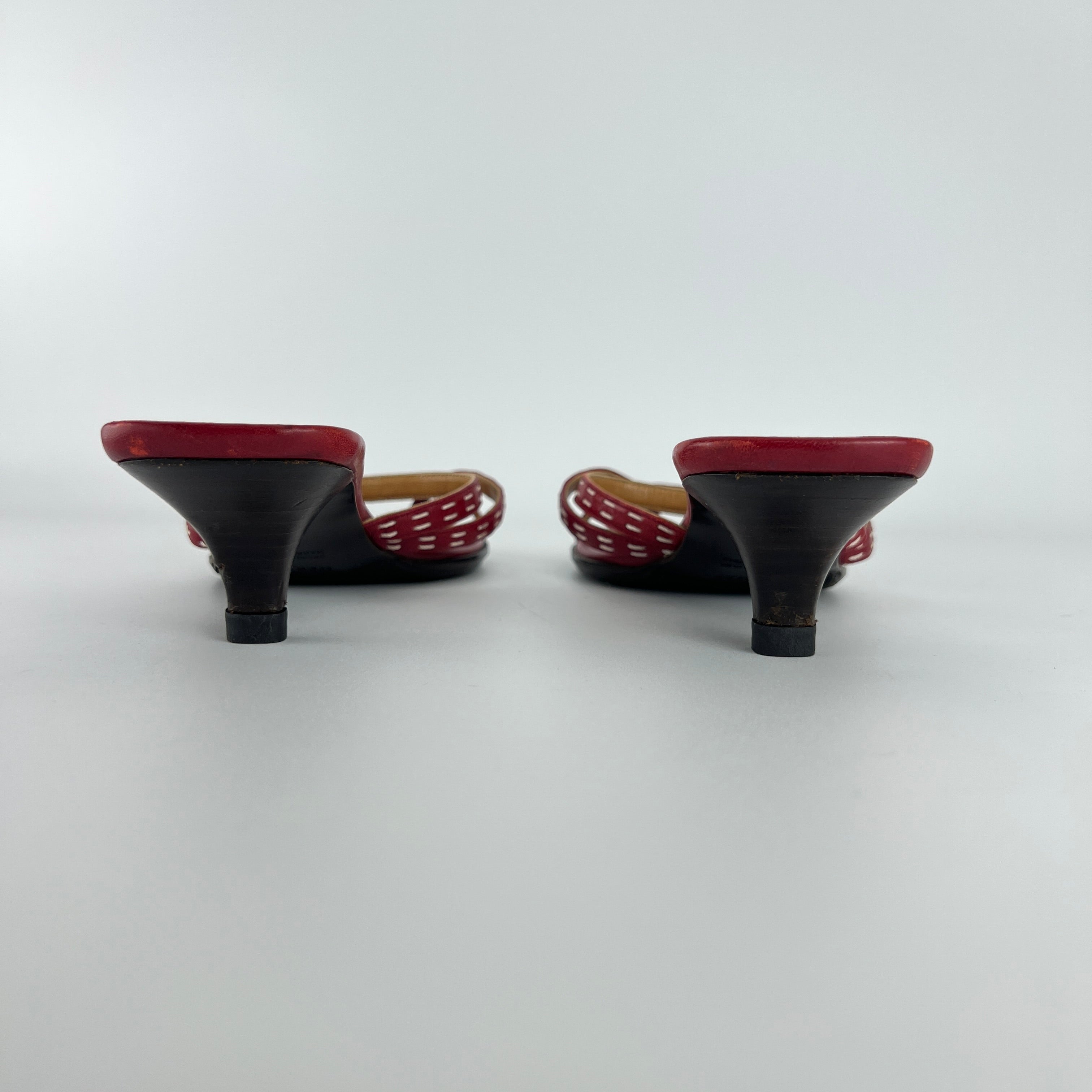 Hermes | Vintage Red Leather Thong H Buckle Top Stitch Sandal Kitten Mules (37)