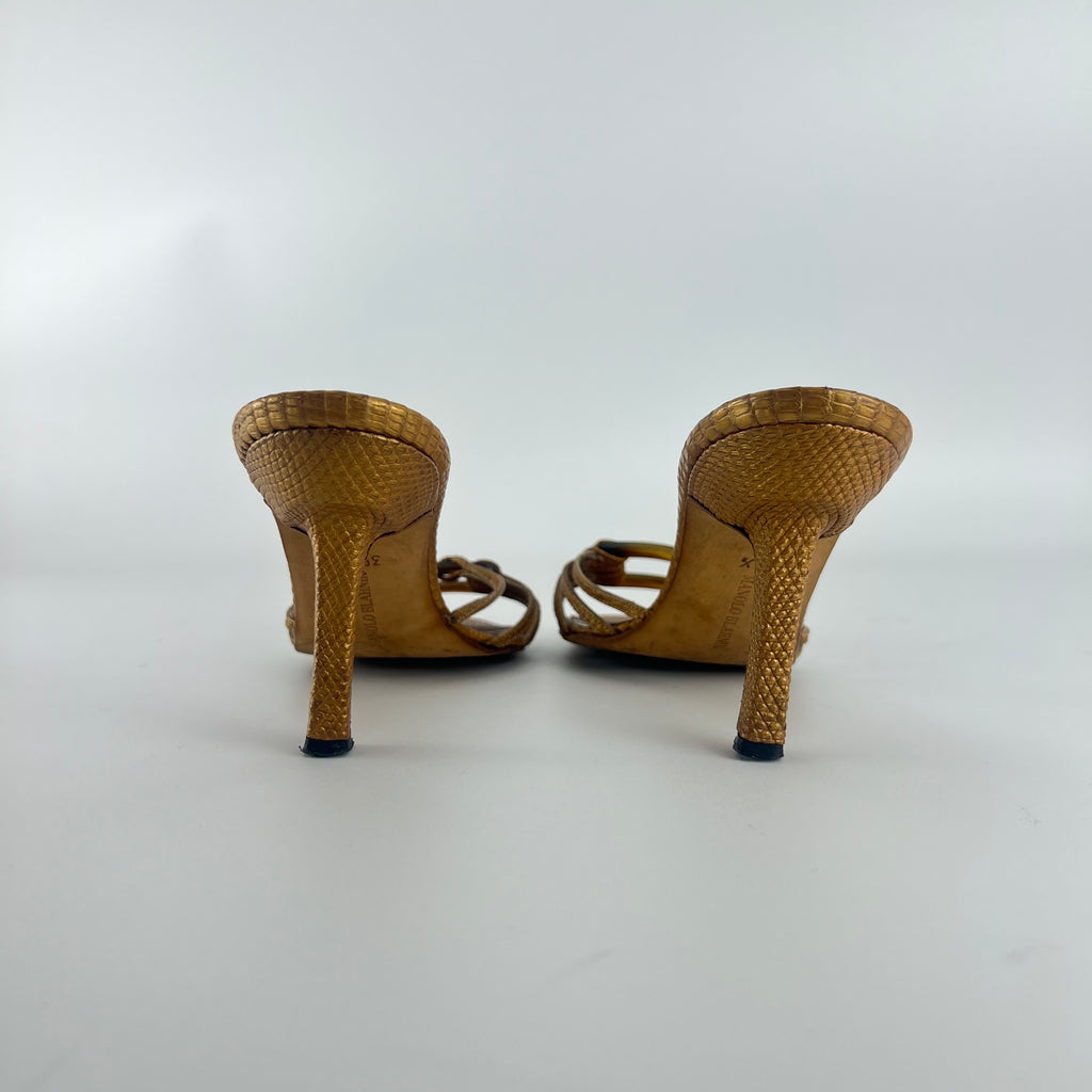 Manolo Blahnik | Vintage Gold Lizard Leather Square Buckle Strappy Slide Mules (35.5)