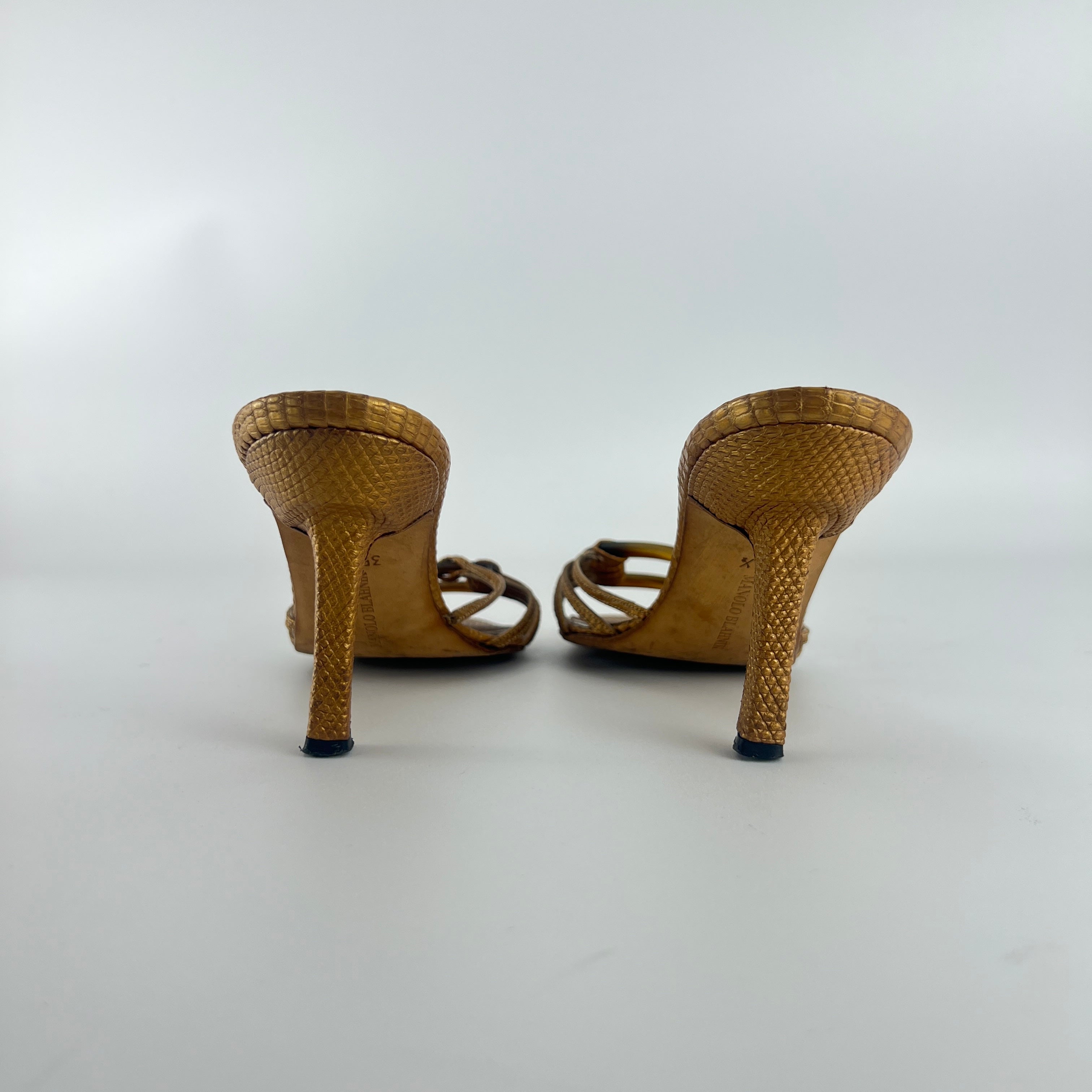 Manolo Blahnik | Vintage Gold Lizard Leather Square Buckle Strappy Slide Mules (35.5)