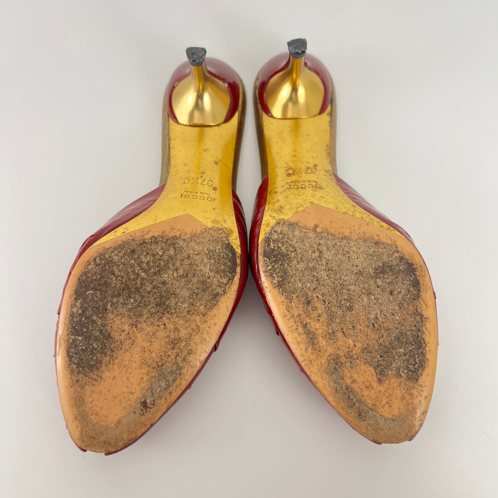 Gucci | Vintage Red Patent Leather Split Toe Gold Kitten Heel Slide Mules (37.5)