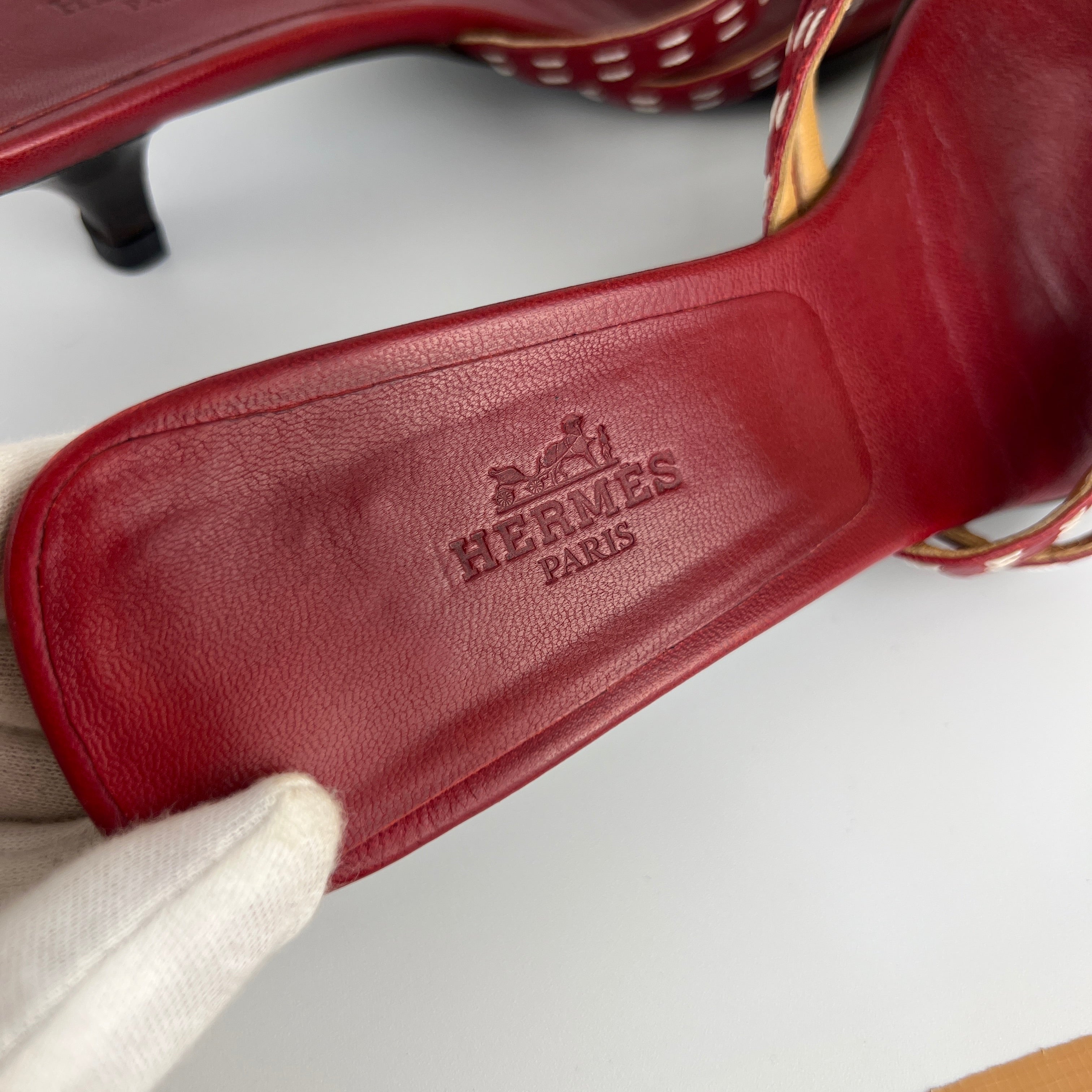 Hermes | Vintage Red Leather Thong H Buckle Top Stitch Sandal Kitten Mules (37)