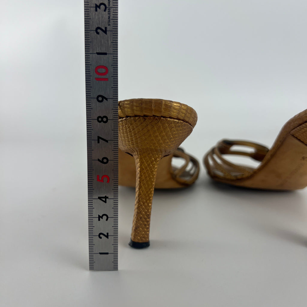 Manolo Blahnik | Vintage Gold Lizard Leather Square Buckle Strappy Slide Mules (35.5)