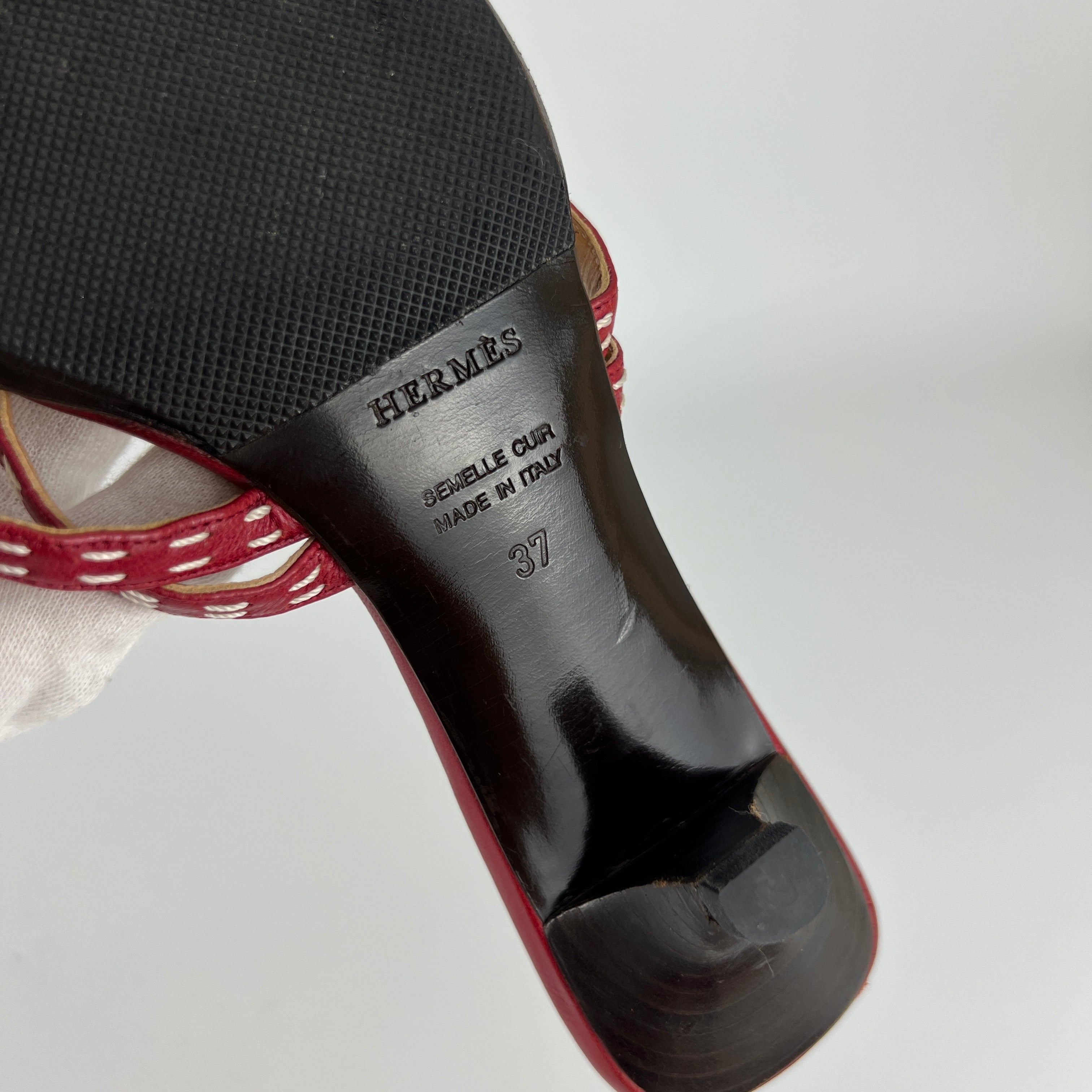 Hermes | Vintage Red Leather Thong H Buckle Top Stitch Sandal Kitten Mules (37)