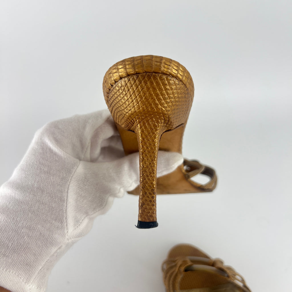 Manolo Blahnik | Vintage Gold Lizard Leather Square Buckle Strappy Slide Mules (35.5)