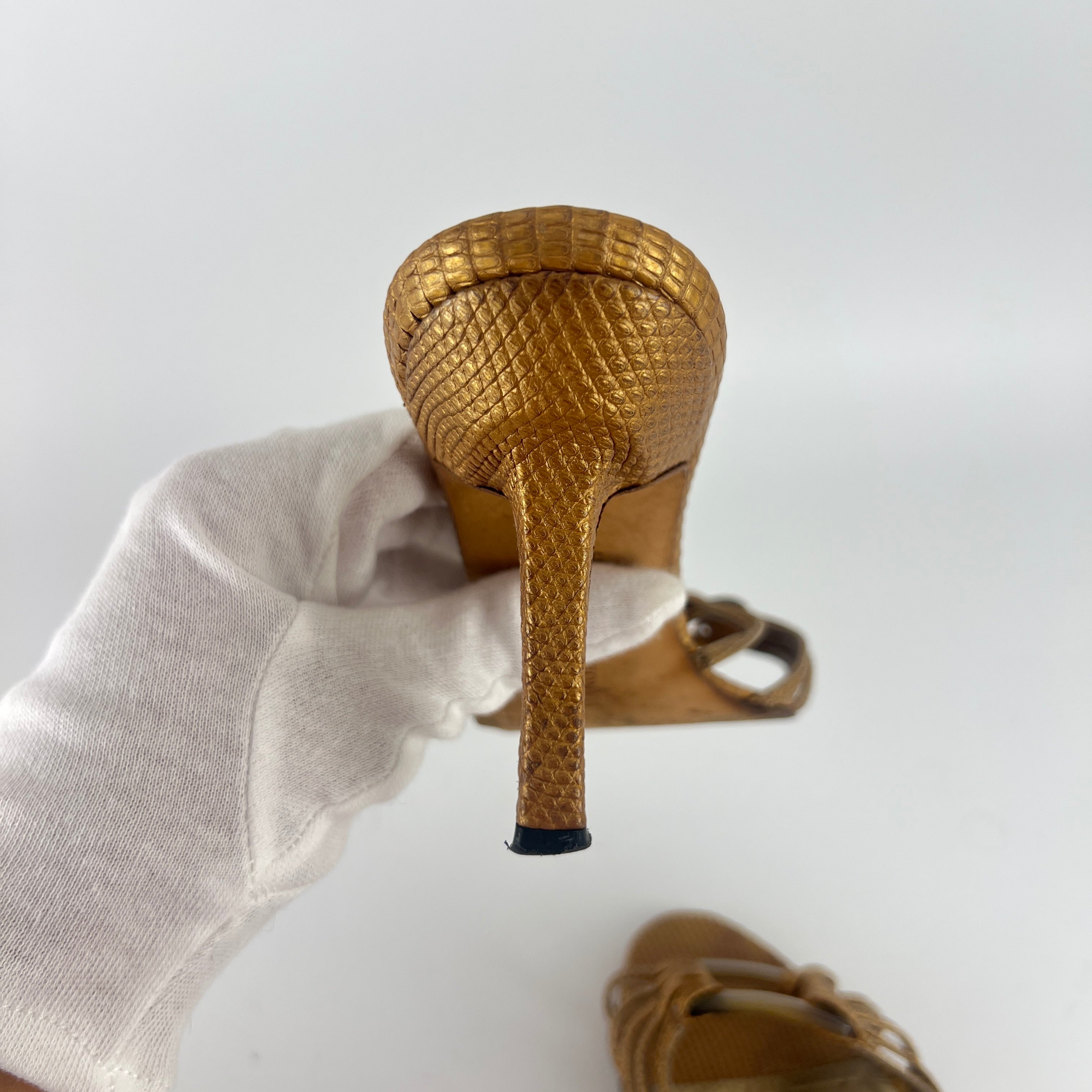 Manolo Blahnik | Vintage Gold Lizard Leather Square Buckle Strappy Slide Mules (35.5)
