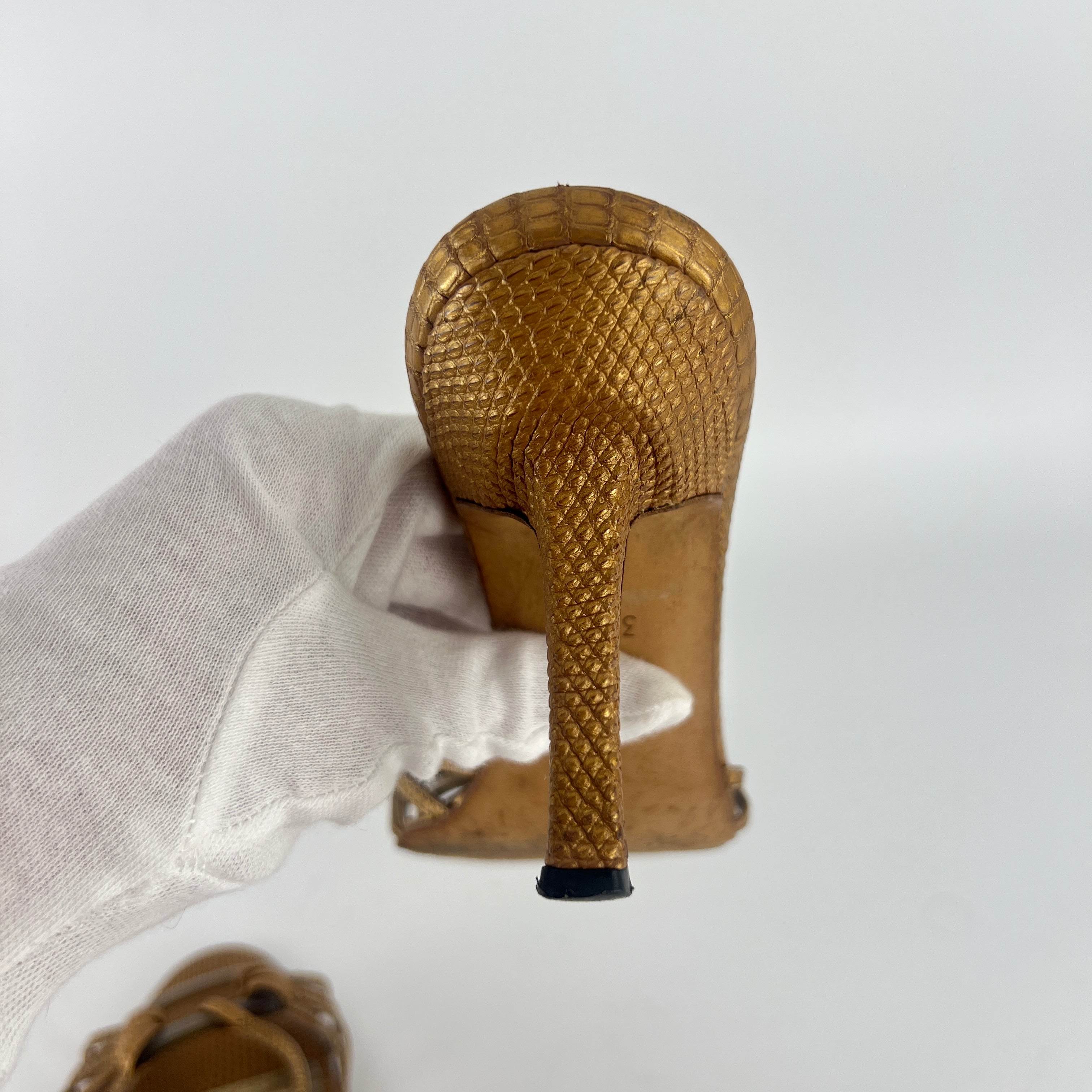 Manolo Blahnik | Vintage Gold Lizard Leather Square Buckle Strappy Slide Mules (35.5)