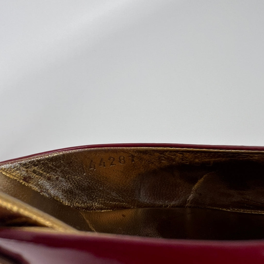 Gucci | Vintage Red Patent Leather Split Toe Gold Kitten Heel Slide Mules (37.5)