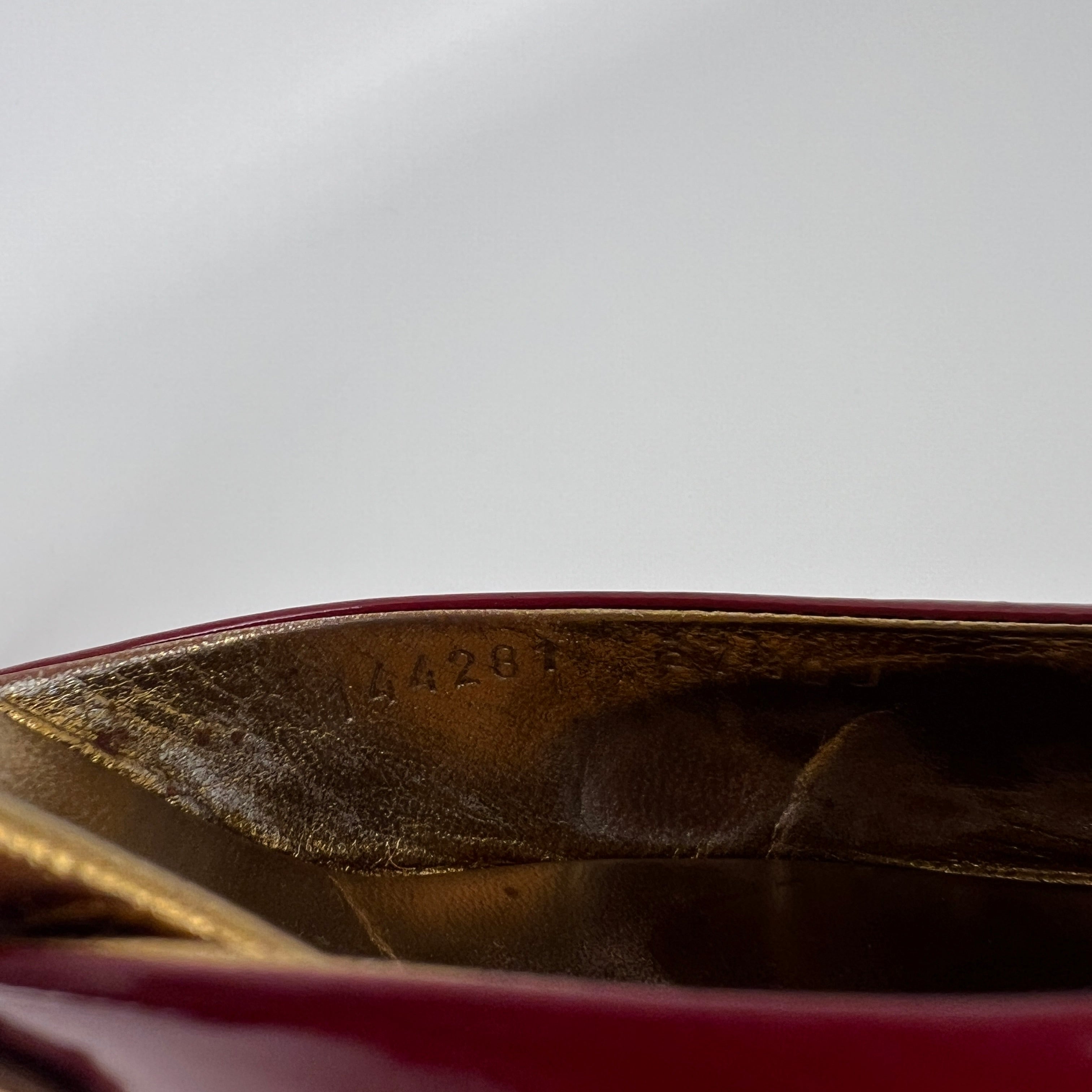 Gucci | Vintage Red Patent Leather Split Toe Gold Kitten Heel Slide Mules (37.5)