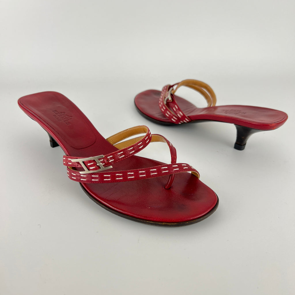 Hermes | Vintage Red Leather Thong H Buckle Top Stitch Sandal Kitten Mules (37)