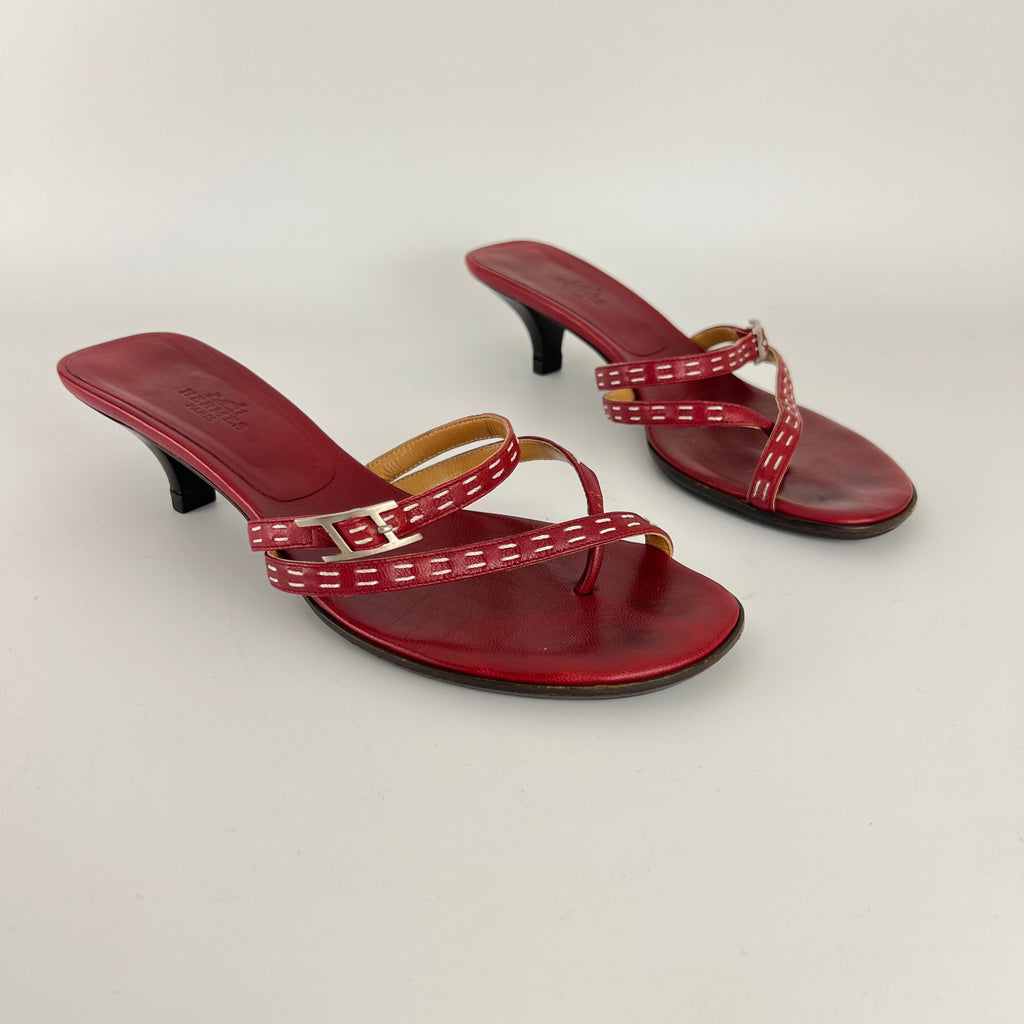 Hermes | Vintage Red Leather Thong H Buckle Top Stitch Sandal Kitten Mules (37)