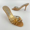 Manolo Blahnik | Vintage Gold Lizard Leather Square Buckle Strappy Slide Mules (35.5)