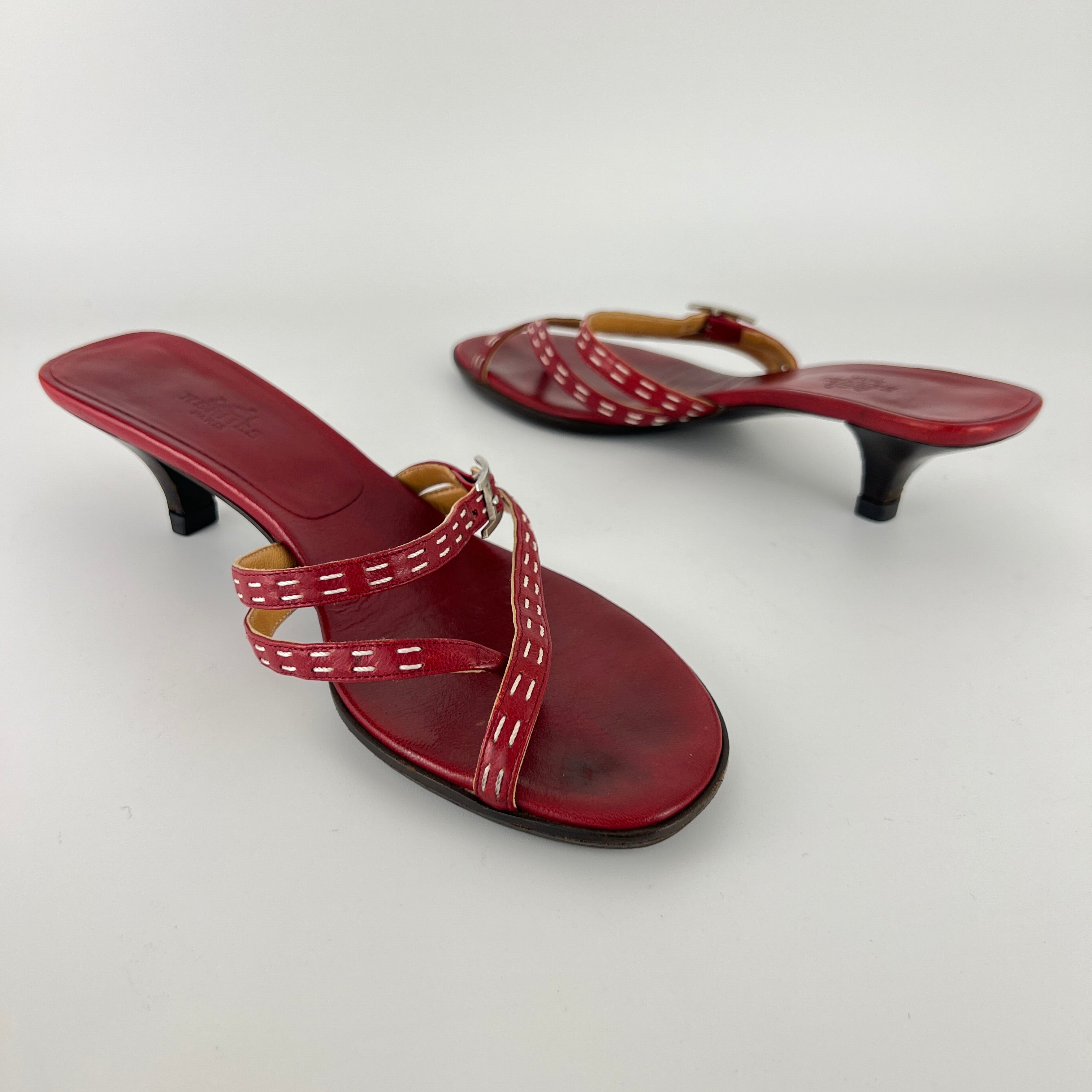 Hermes | Vintage Red Leather Thong H Buckle Top Stitch Sandal Kitten Mules (37)