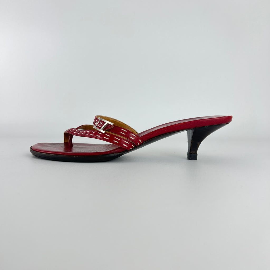 Hermes | Vintage Red Leather Thong H Buckle Top Stitch Sandal Kitten Mules (37)