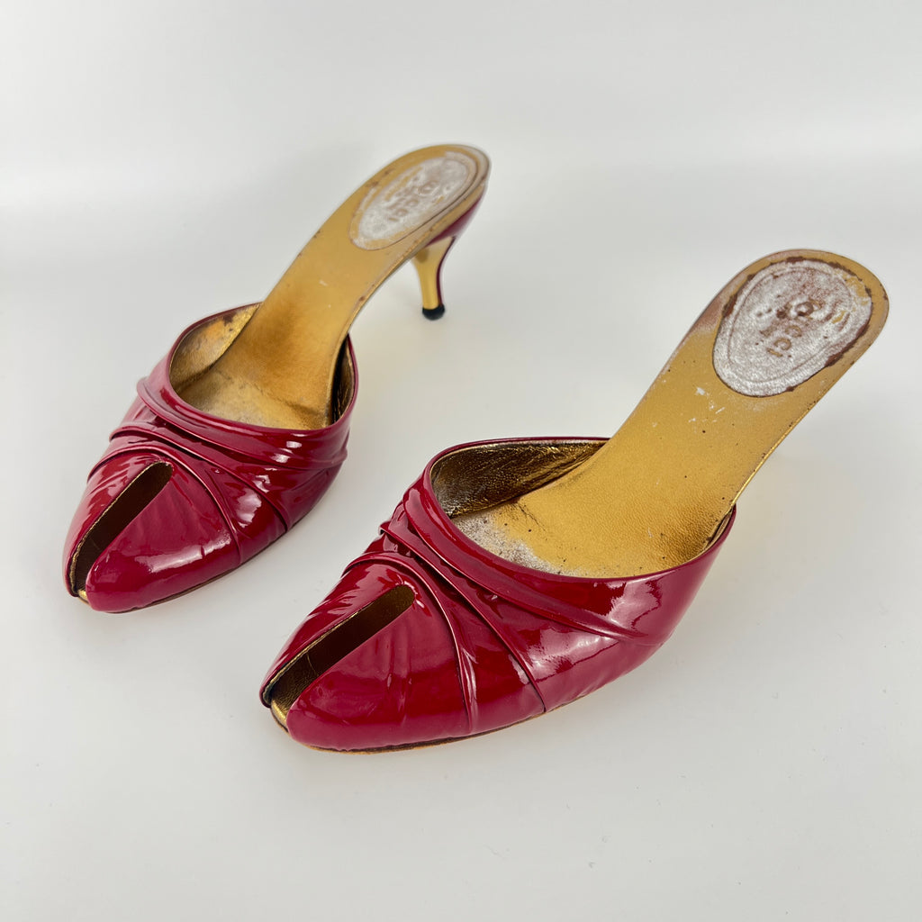 Gucci | Vintage Red Patent Leather Split Toe Gold Kitten Heel Slide Mules (37.5)