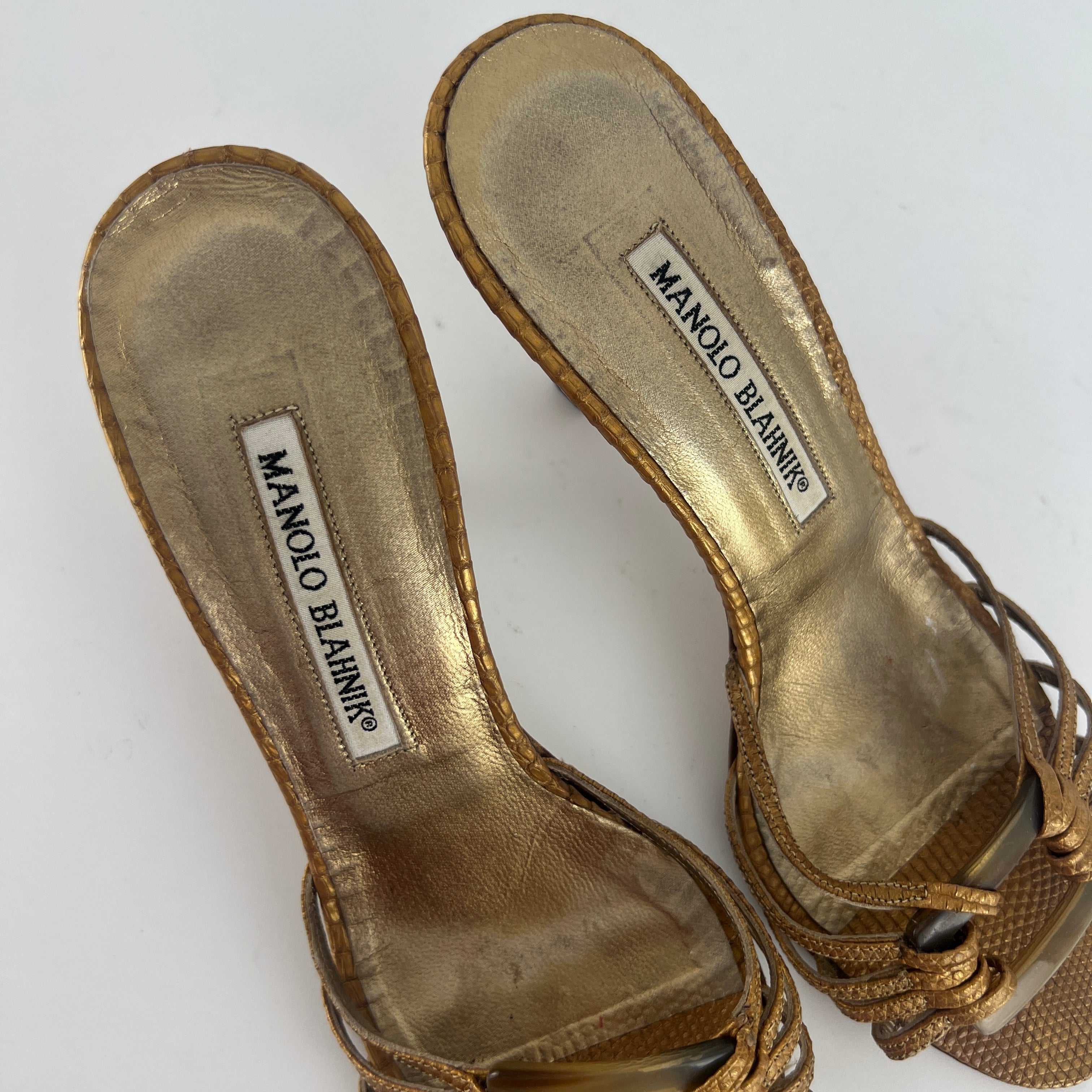 Manolo Blahnik | Vintage Gold Lizard Leather Square Buckle Strappy Slide Mules (35.5)