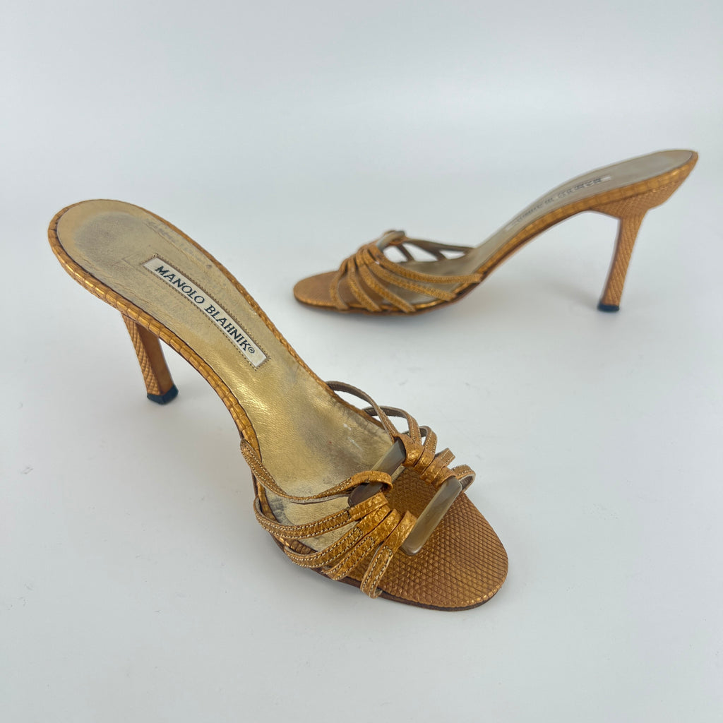 Manolo Blahnik | Vintage Gold Lizard Leather Square Buckle Strappy Slide Mules (35.5)