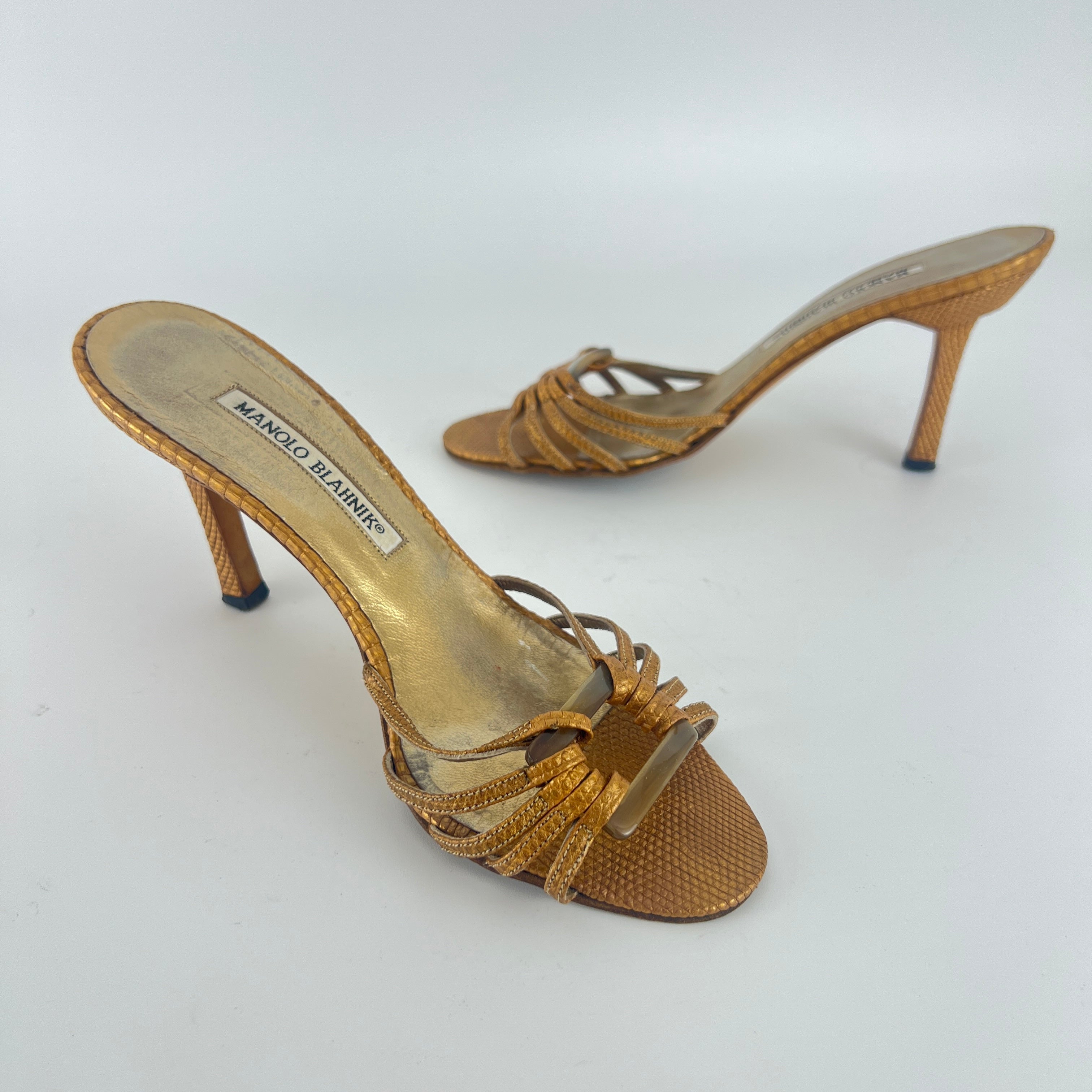 Manolo Blahnik | Vintage Gold Lizard Leather Square Buckle Strappy Slide Mules (35.5)