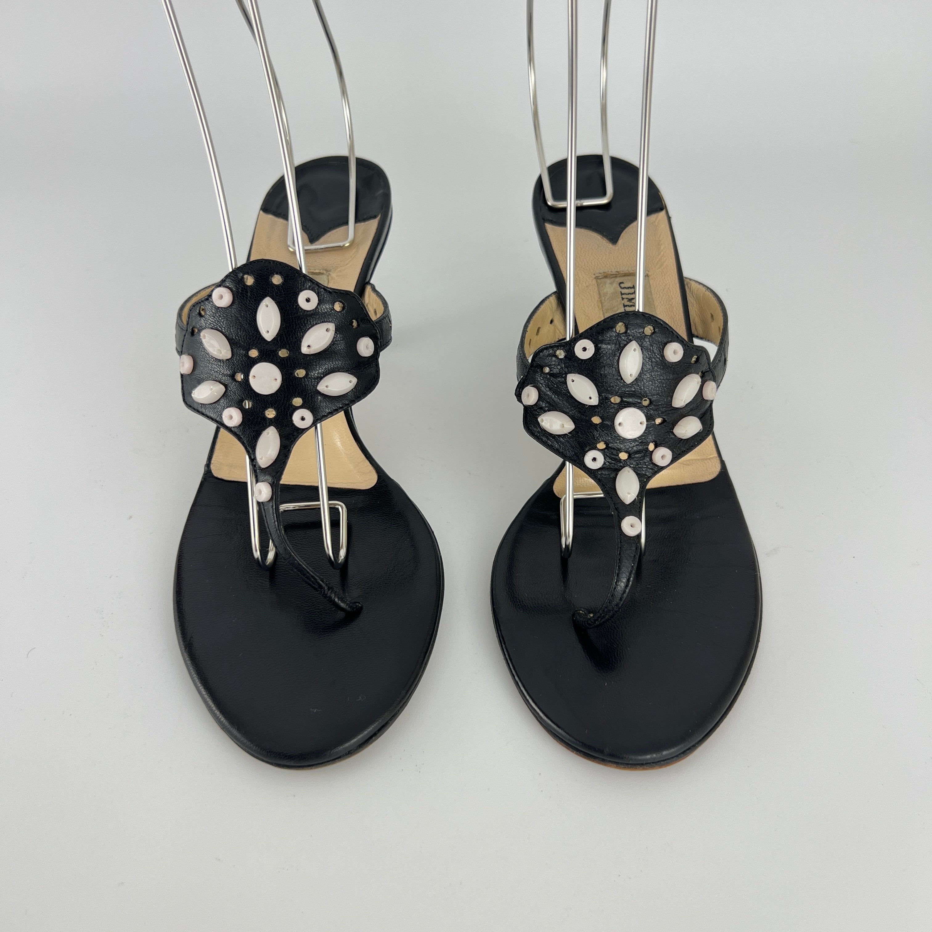 Jimmy Choo | Vintage Black Leather Thong White Stone Sandal Slide (35.5)