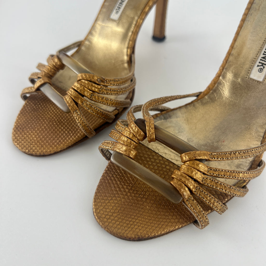 Manolo Blahnik | Vintage Gold Lizard Leather Square Buckle Strappy Slide Mules (35.5)