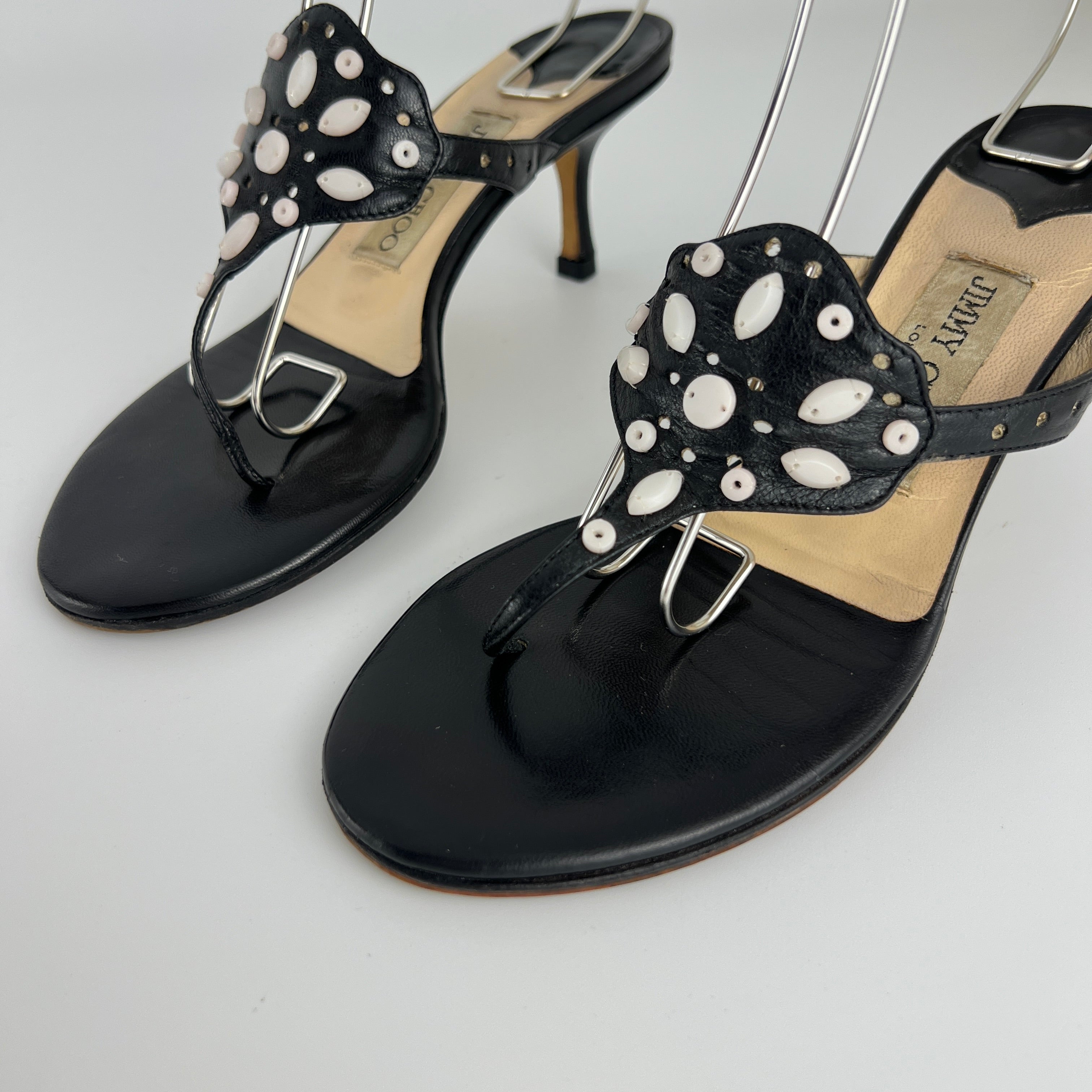 Jimmy Choo | Vintage Black Leather Thong White Stone Sandal Slide (35.5)