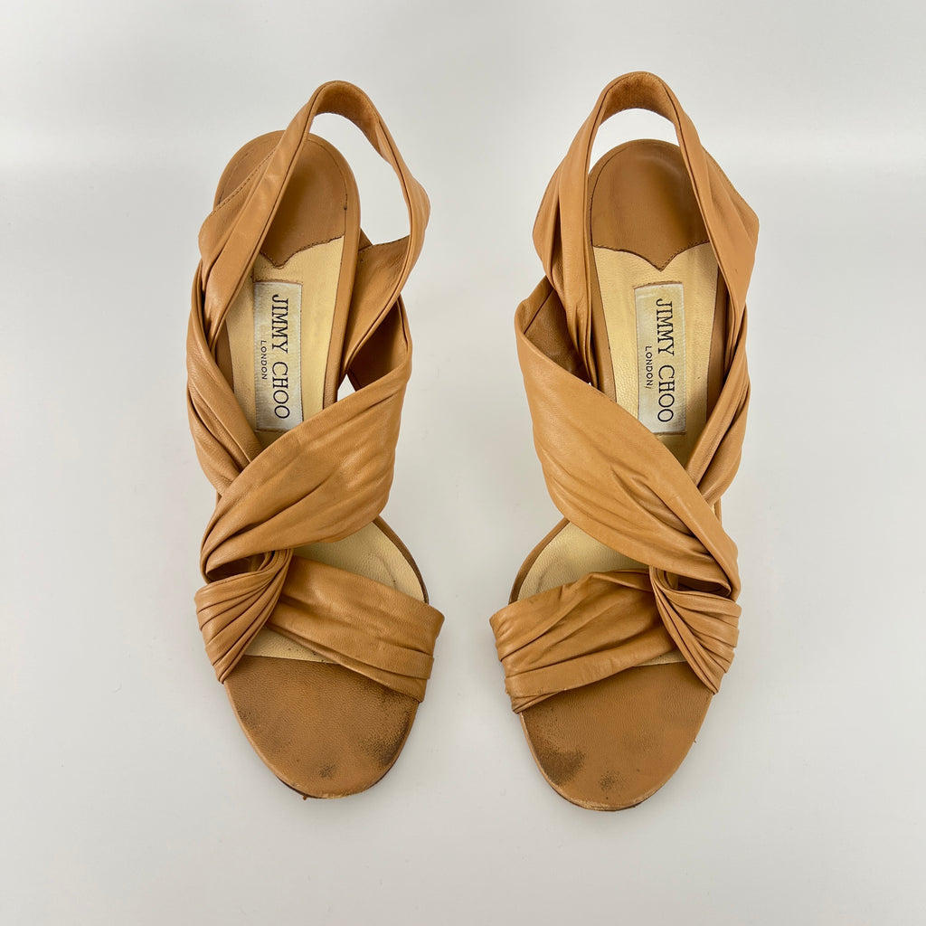 Jimmy Choo | Tan Camel Leather Wrap Slingback Stiletto Sandal Heels (40)