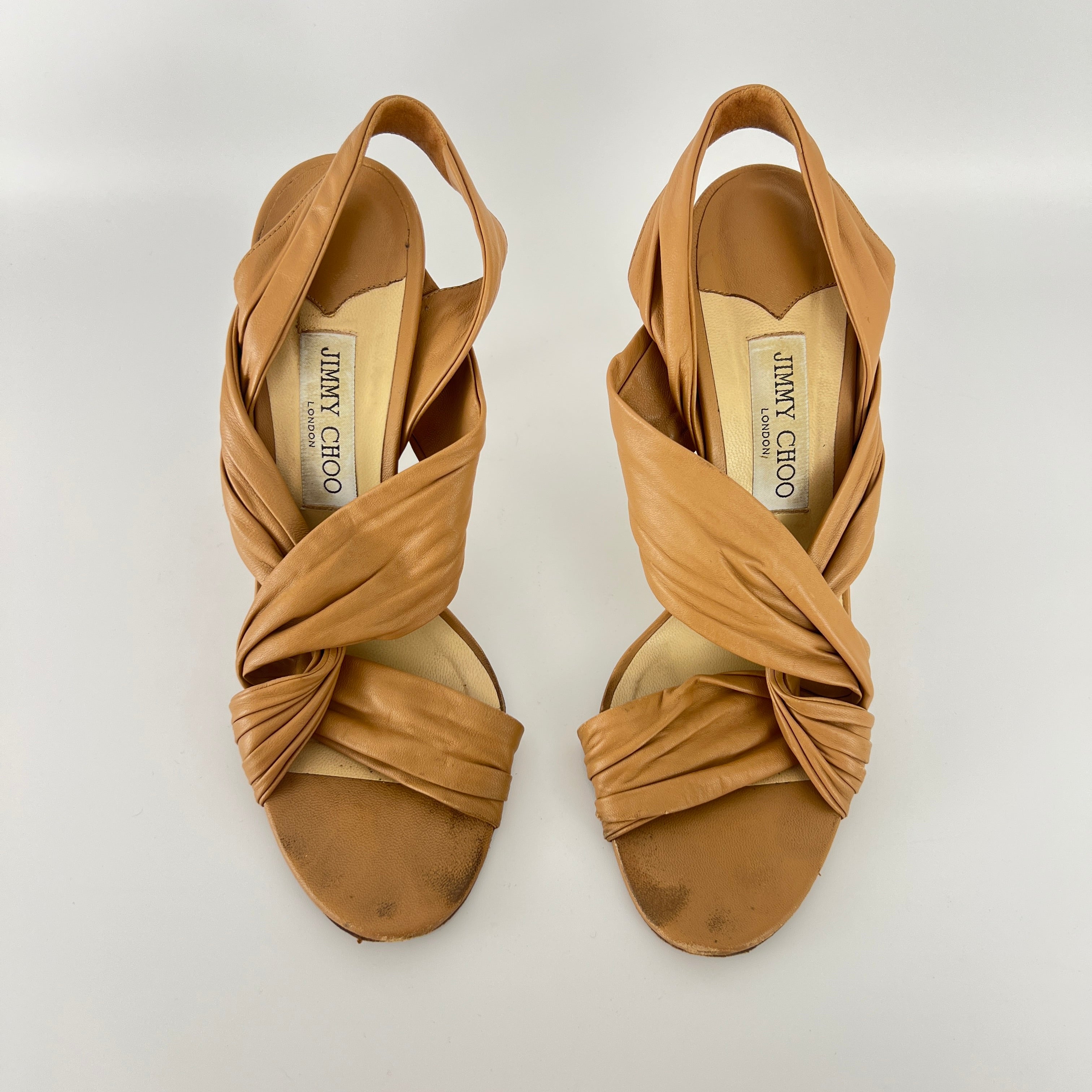 Jimmy Choo | Tan Camel Leather Wrap Slingback Stiletto Sandal Heels (40)