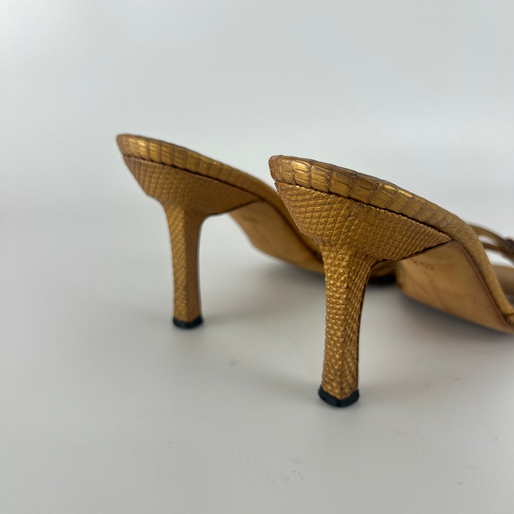 Manolo Blahnik | Vintage Gold Lizard Leather Square Buckle Strappy Slide Mules (35.5)