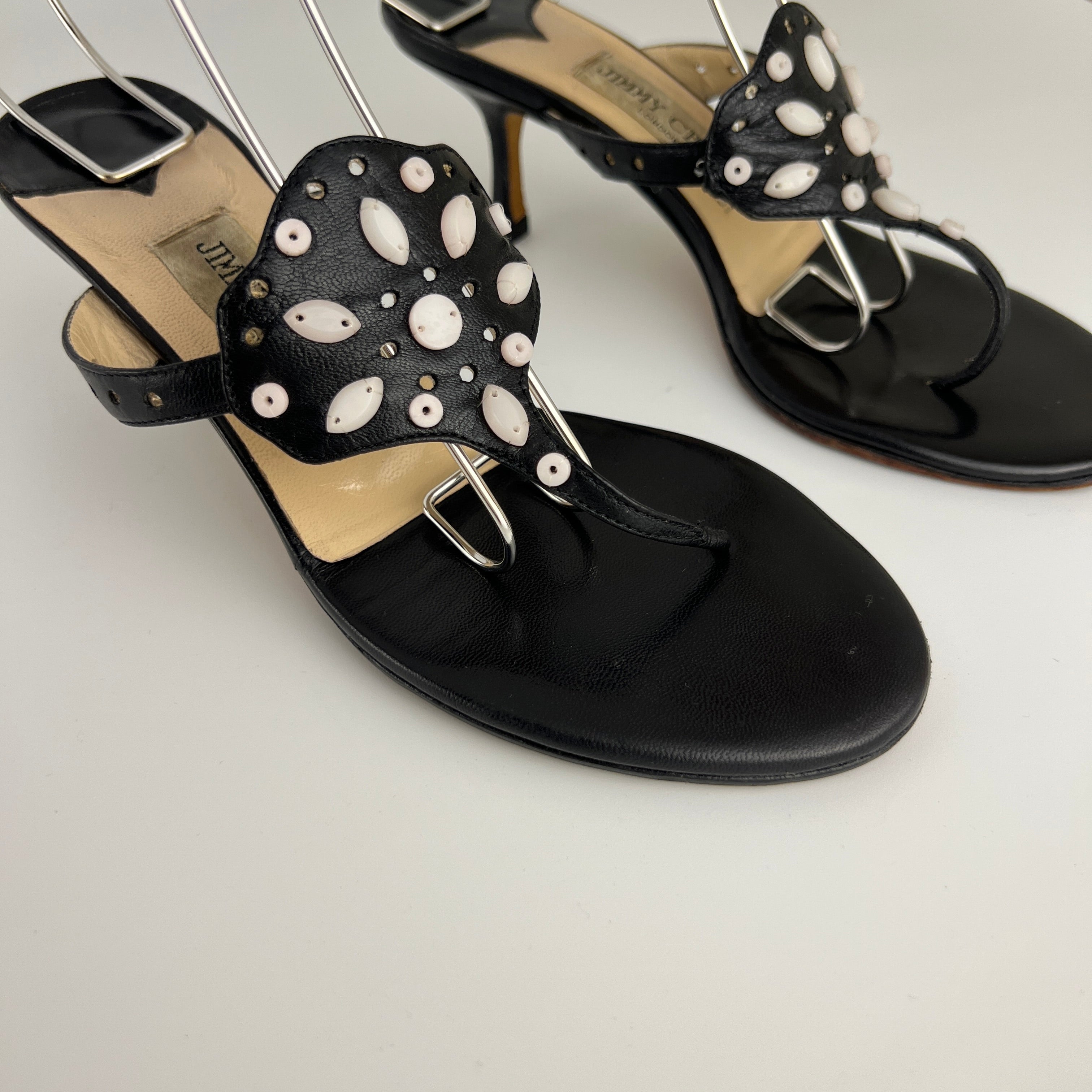 Jimmy Choo | Vintage Black Leather Thong White Stone Sandal Slide (35.5)