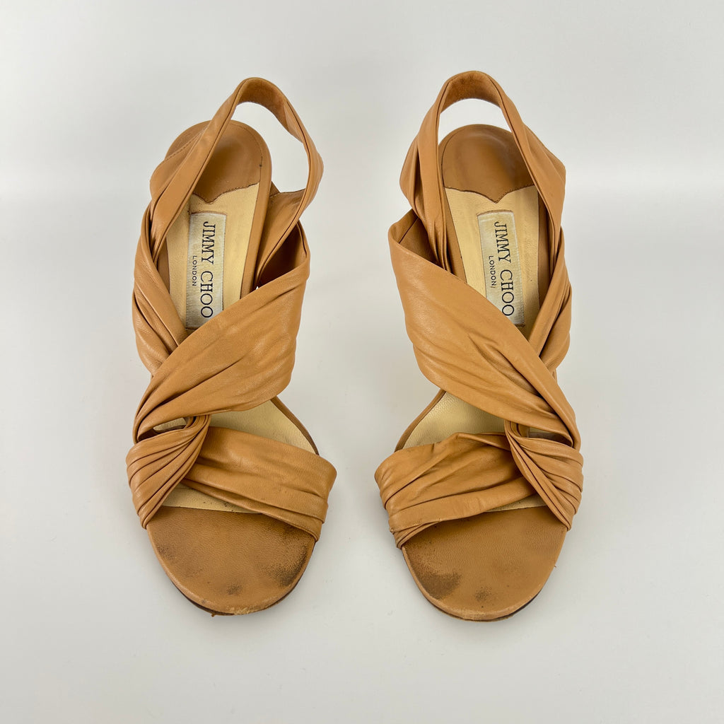 Jimmy Choo | Tan Camel Leather Wrap Slingback Stiletto Sandal Heels (40)