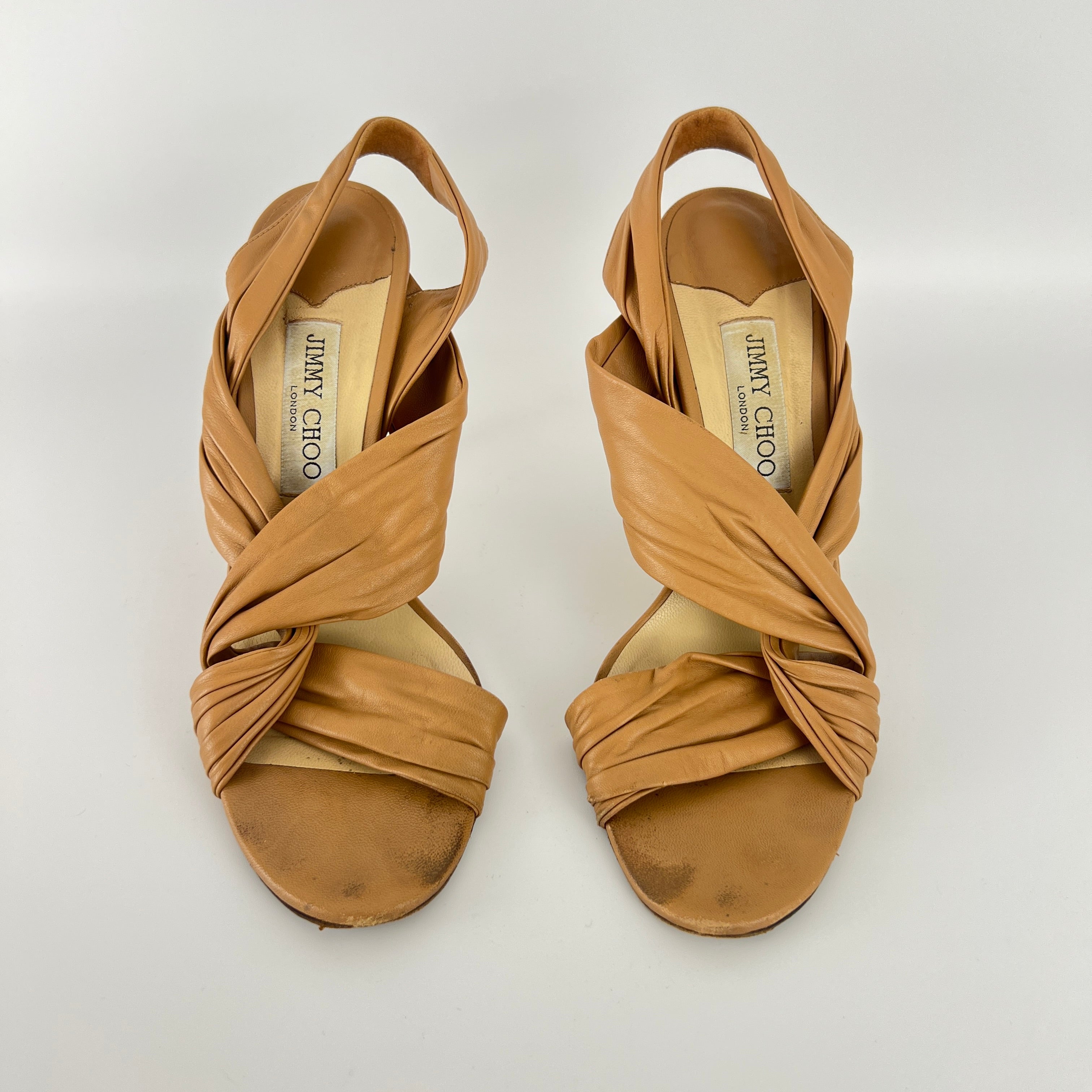 Jimmy Choo | Tan Camel Leather Wrap Slingback Stiletto Sandal Heels (40)