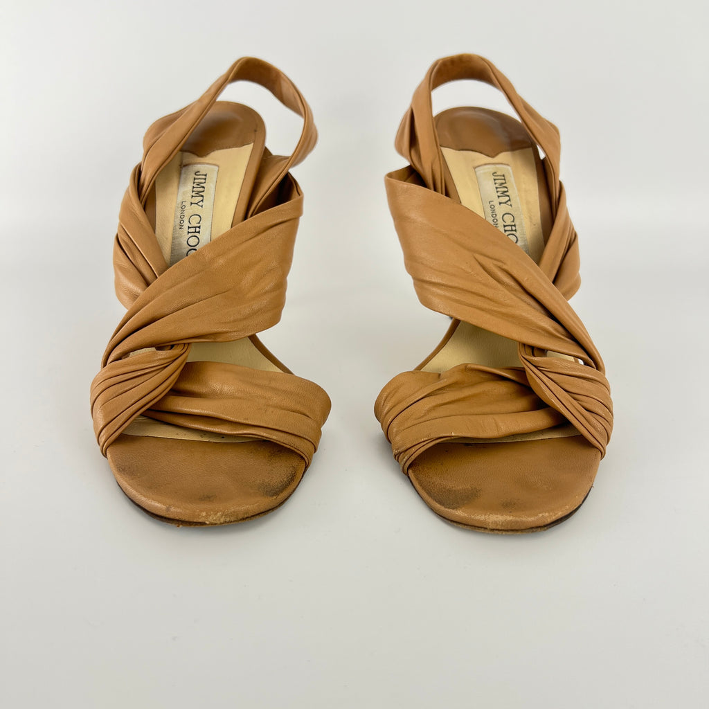 Jimmy Choo | Tan Camel Leather Wrap Slingback Stiletto Sandal Heels (40)