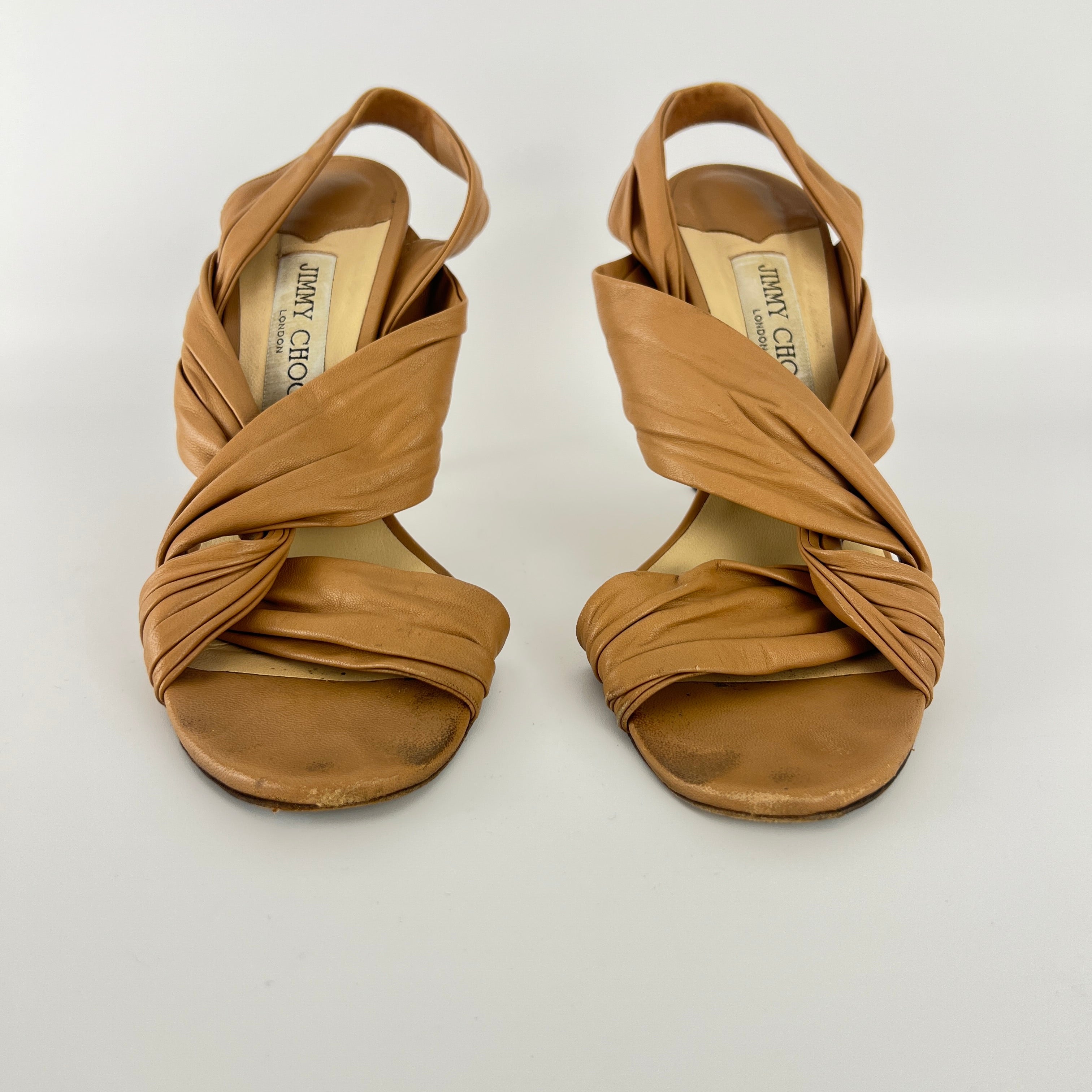 Jimmy Choo | Tan Camel Leather Wrap Slingback Stiletto Sandal Heels (40)