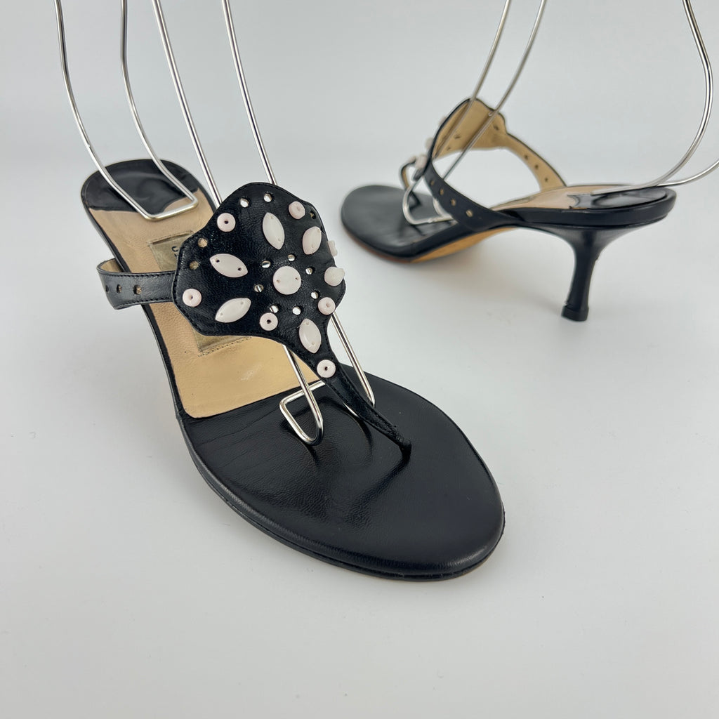 Jimmy Choo | Vintage Black Leather Thong White Stone Sandal Slide (35.5)