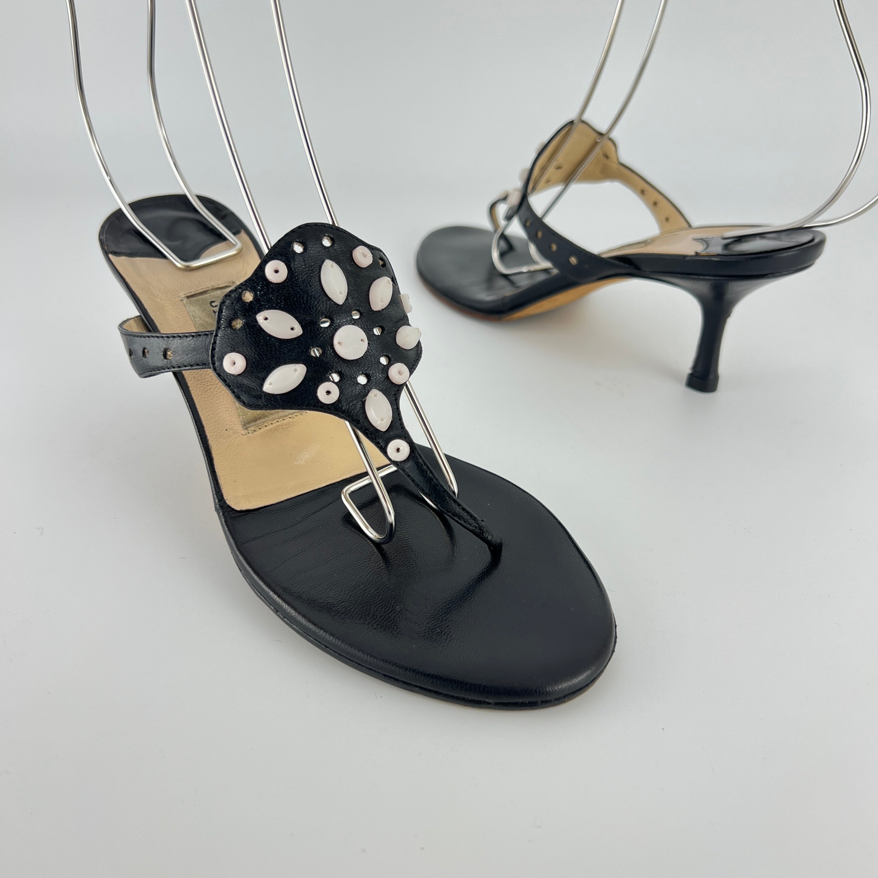 Jimmy Choo | Vintage Black Leather Thong White Stone Sandal Slide (35.5)