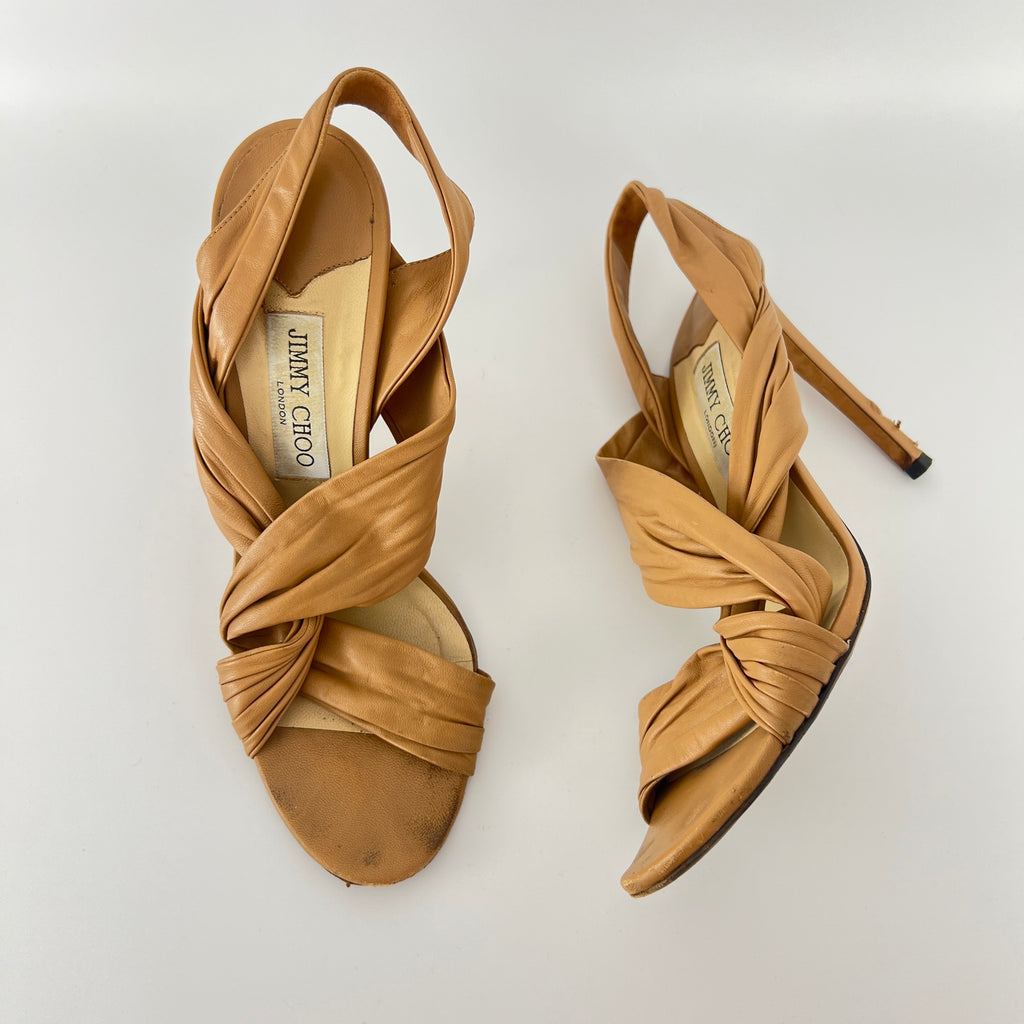 Jimmy Choo | Tan Camel Leather Wrap Slingback Stiletto Sandal Heels (40)