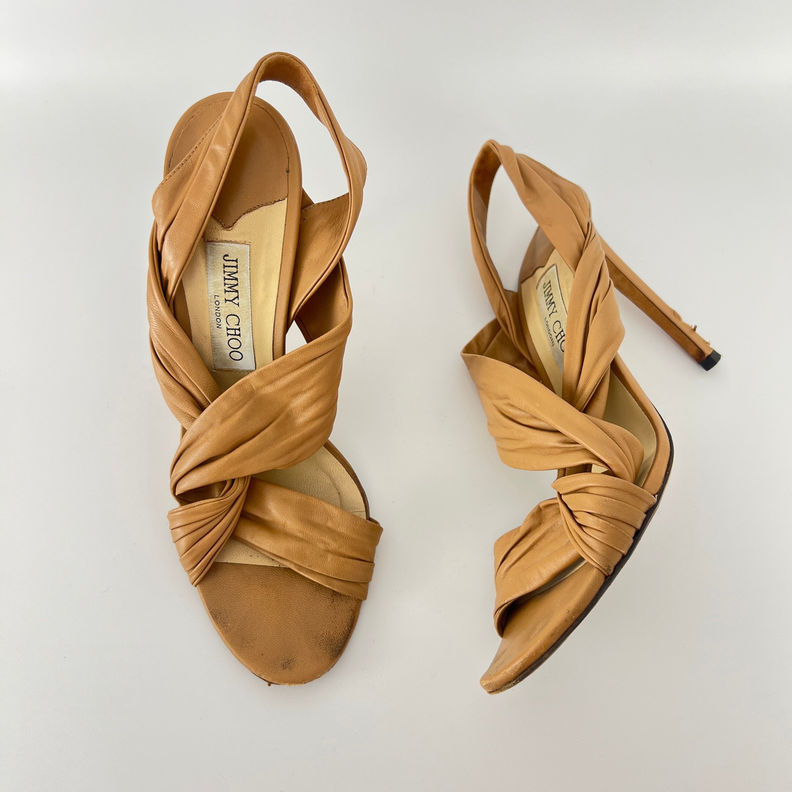 Jimmy Choo | Tan Camel Leather Wrap Slingback Stiletto Sandal Heels (40)