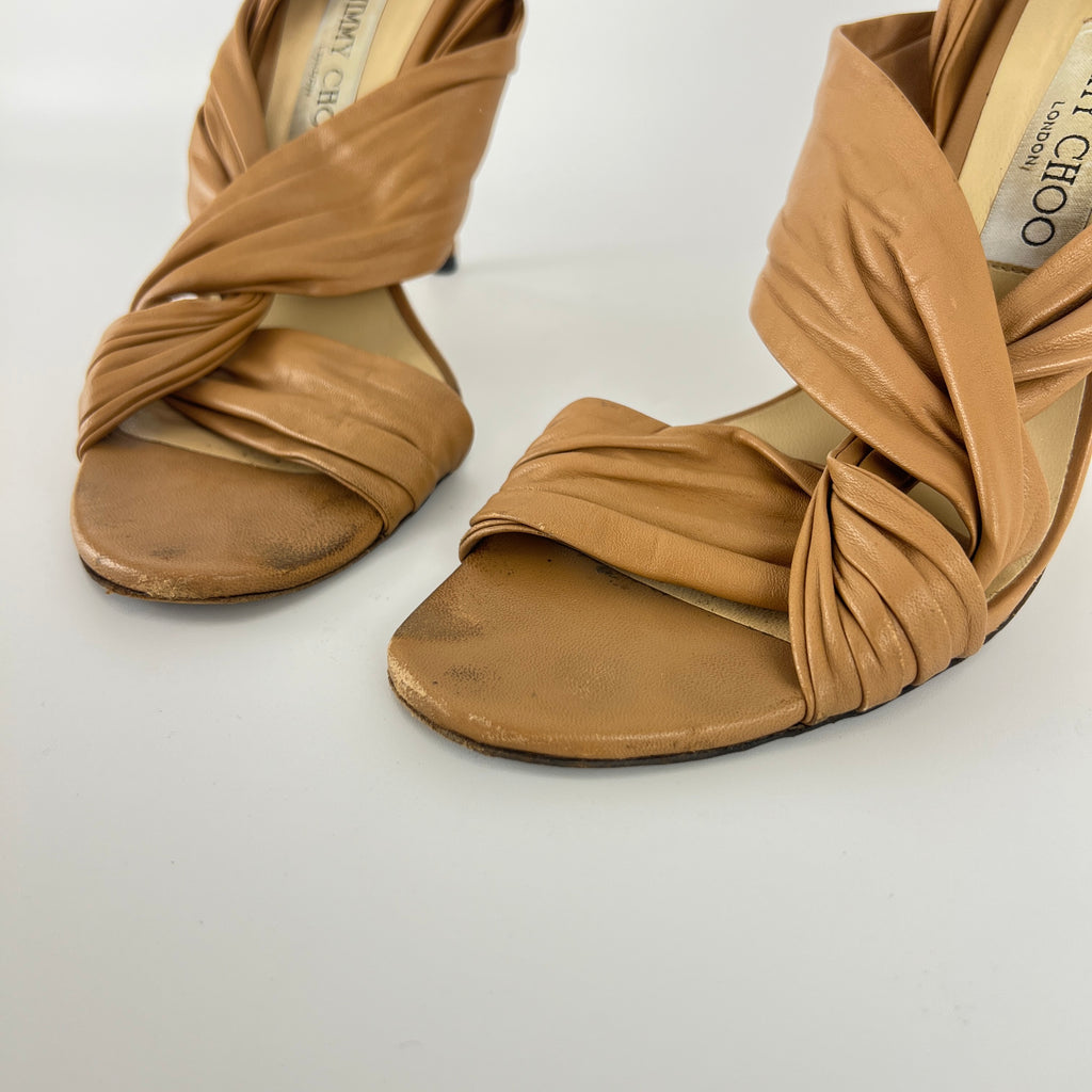 Jimmy Choo | Tan Camel Leather Wrap Slingback Stiletto Sandal Heels (40)
