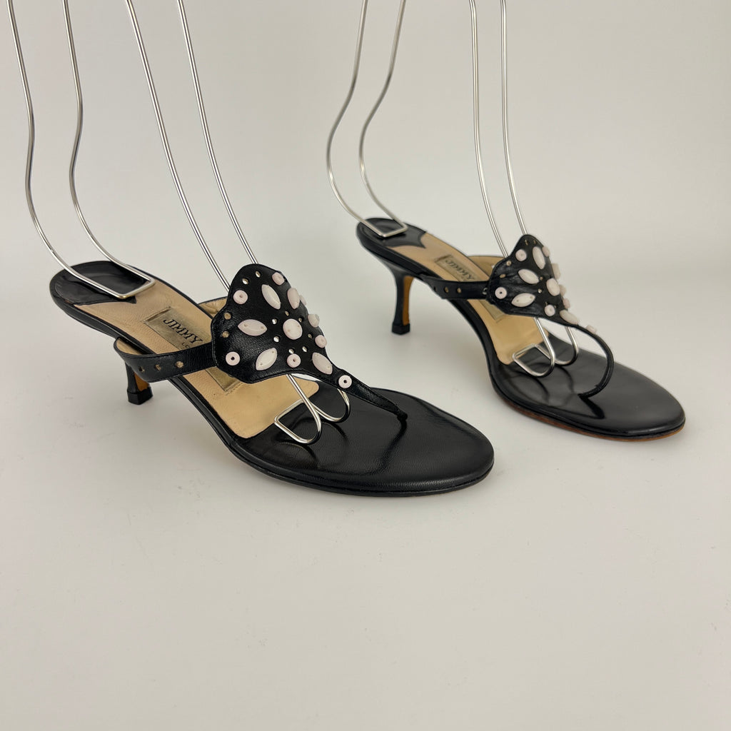 Jimmy Choo | Vintage Black Leather Thong White Stone Sandal Slide (35.5)